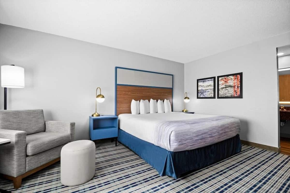 Habitación de hotel con cama, una silla, mesita de noche, lámpara y una obra de arte en la pared.