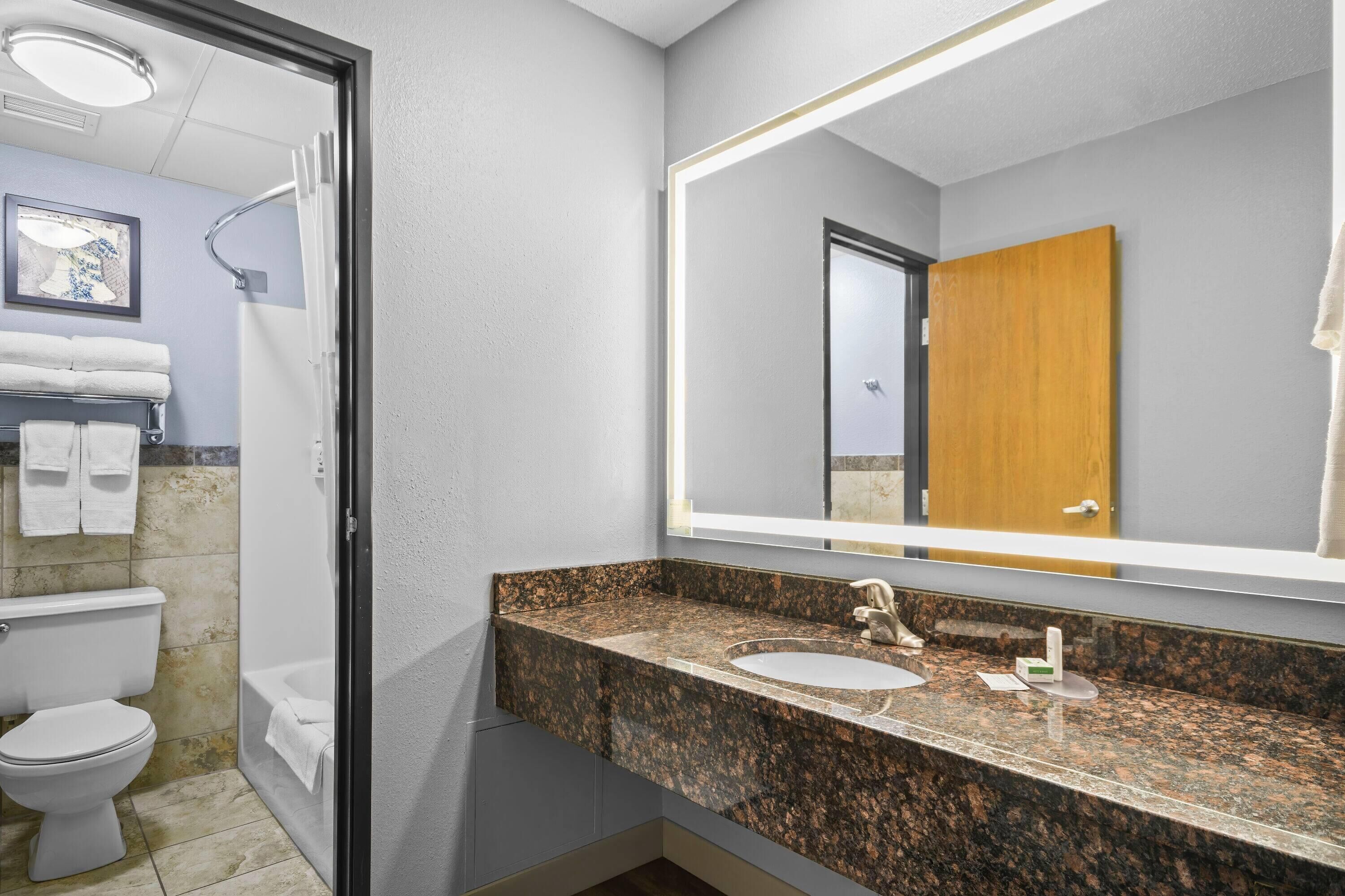 combined shower/bathtub, free toiletries, hair dryer, towels