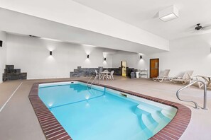 Indoor pool, open 8:00 AM to 10:00 PM, sun loungers