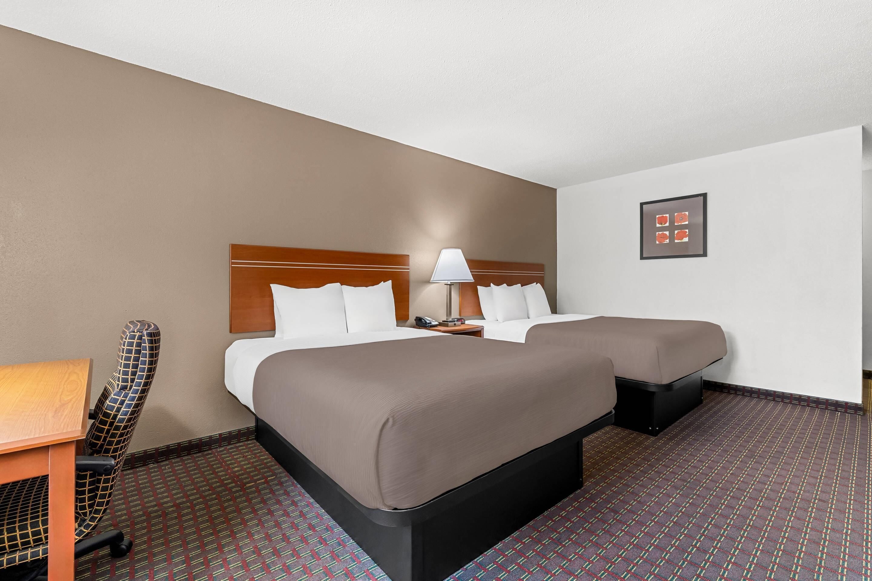 A hotel room with a double bed, a desk with a chair, a nightstand, and a lamp.