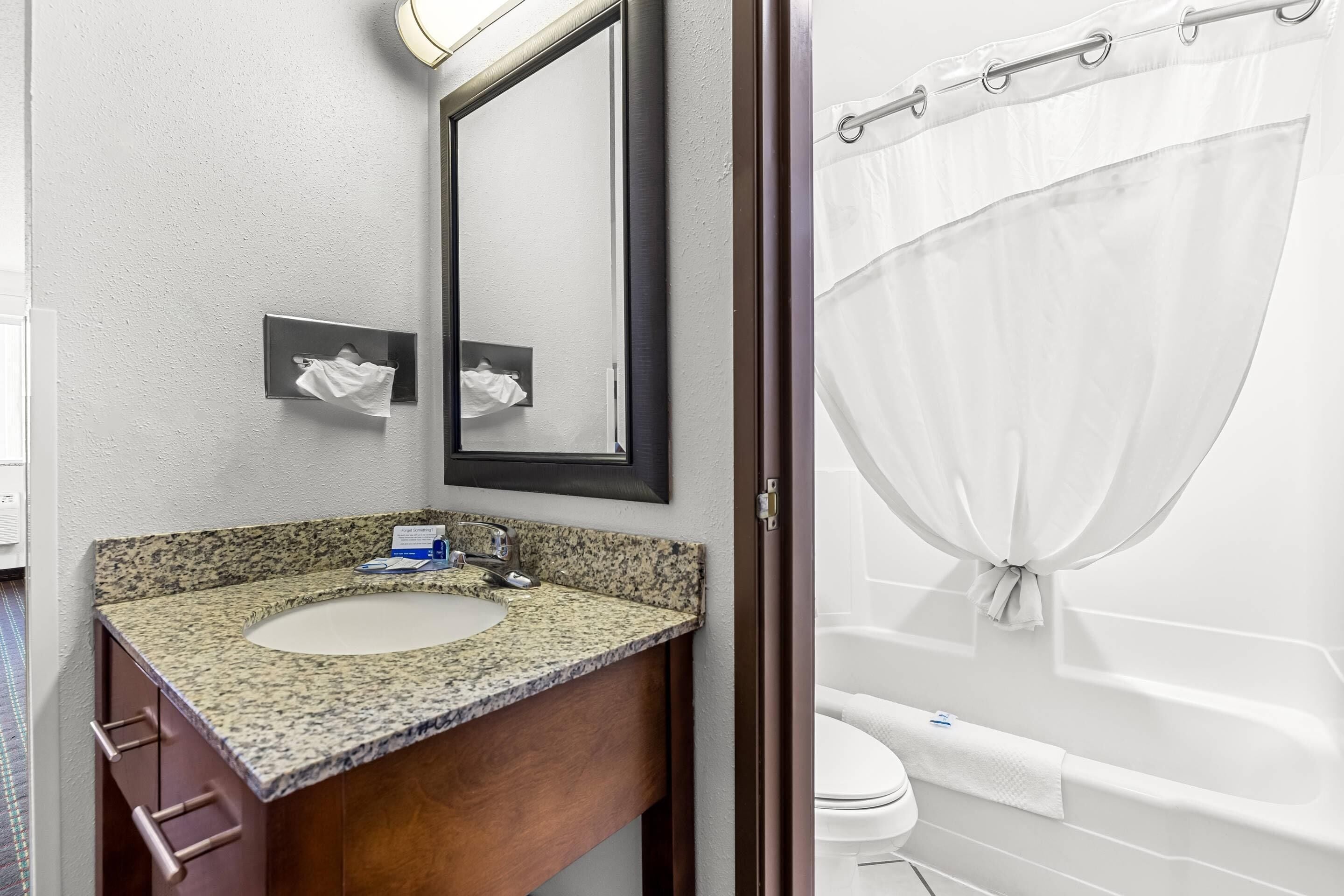 Une salle de bain avec un lavabo sur un plan de travail en granit, un miroir et une baignoire blanche avec un rideau.