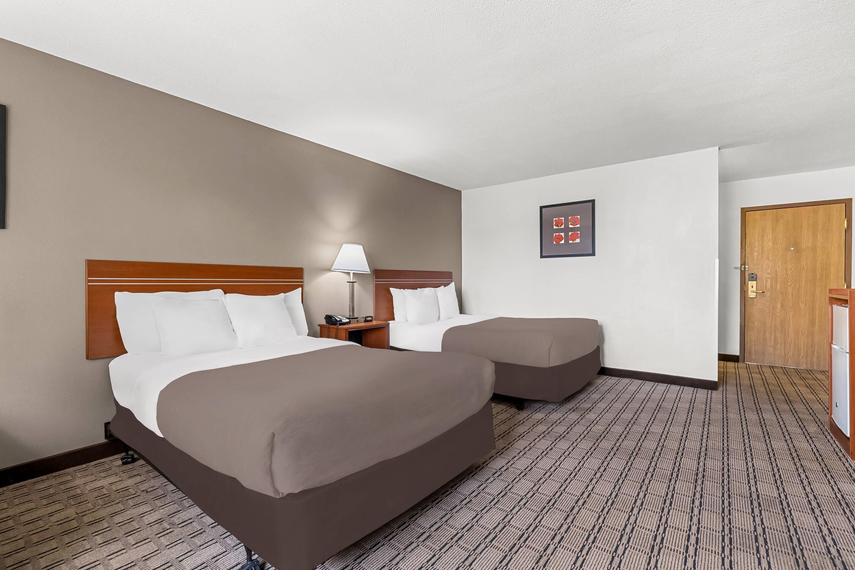 Een hotelkamer met twee bedden, een nachtkastje met een lamp, een ingelijst schilderij aan de muur en een deur.