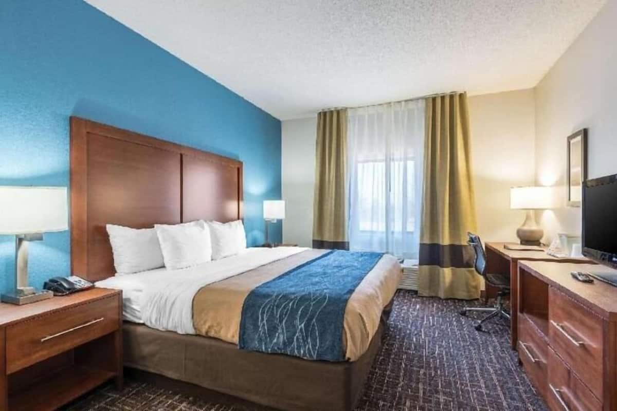 A hotel room with a bed, a desk, a chair, a TV, a lamp, and curtains.