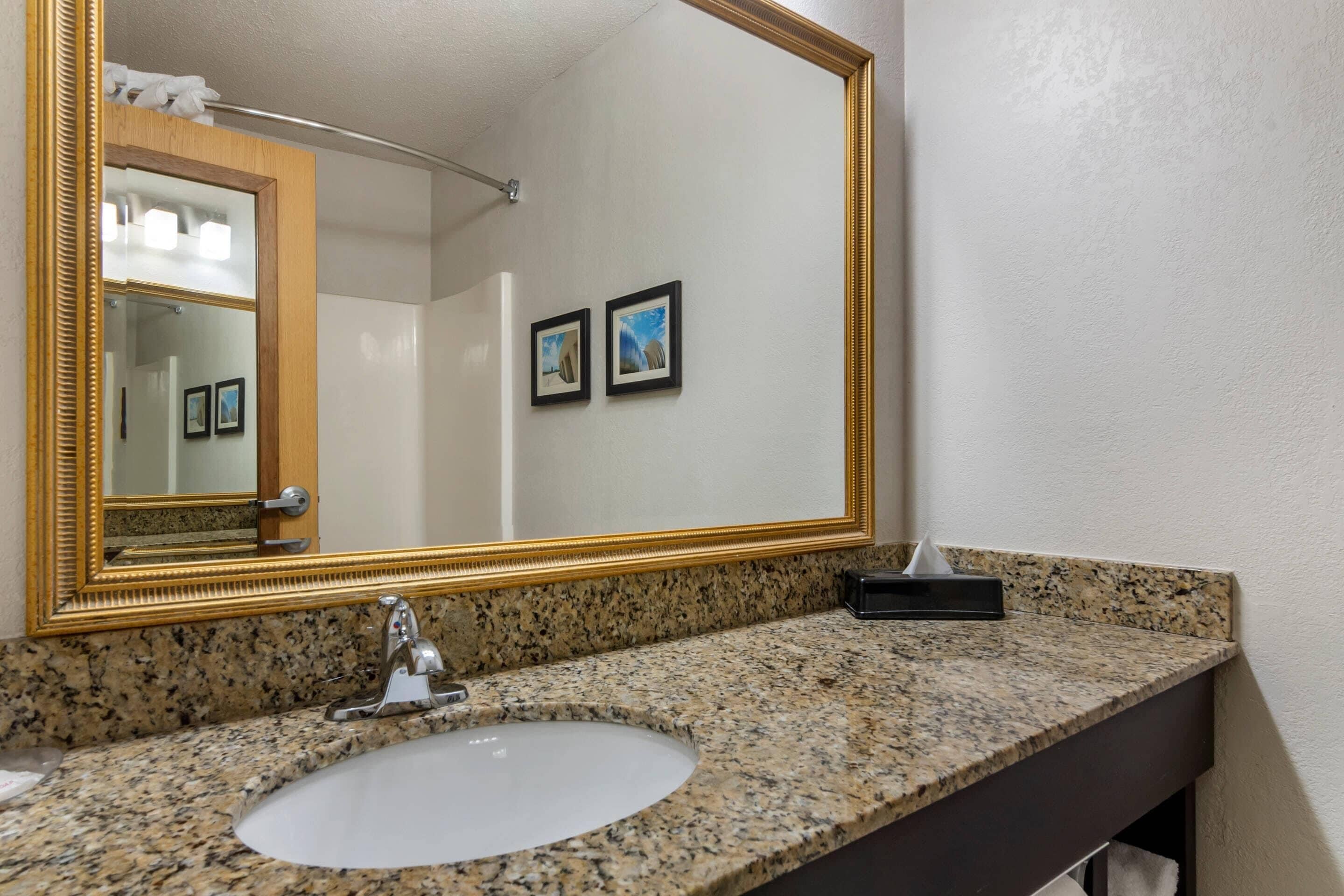 Un baño con encimera de granito, lavabo, espejo con marco dorado y dos cuadros en la pared.