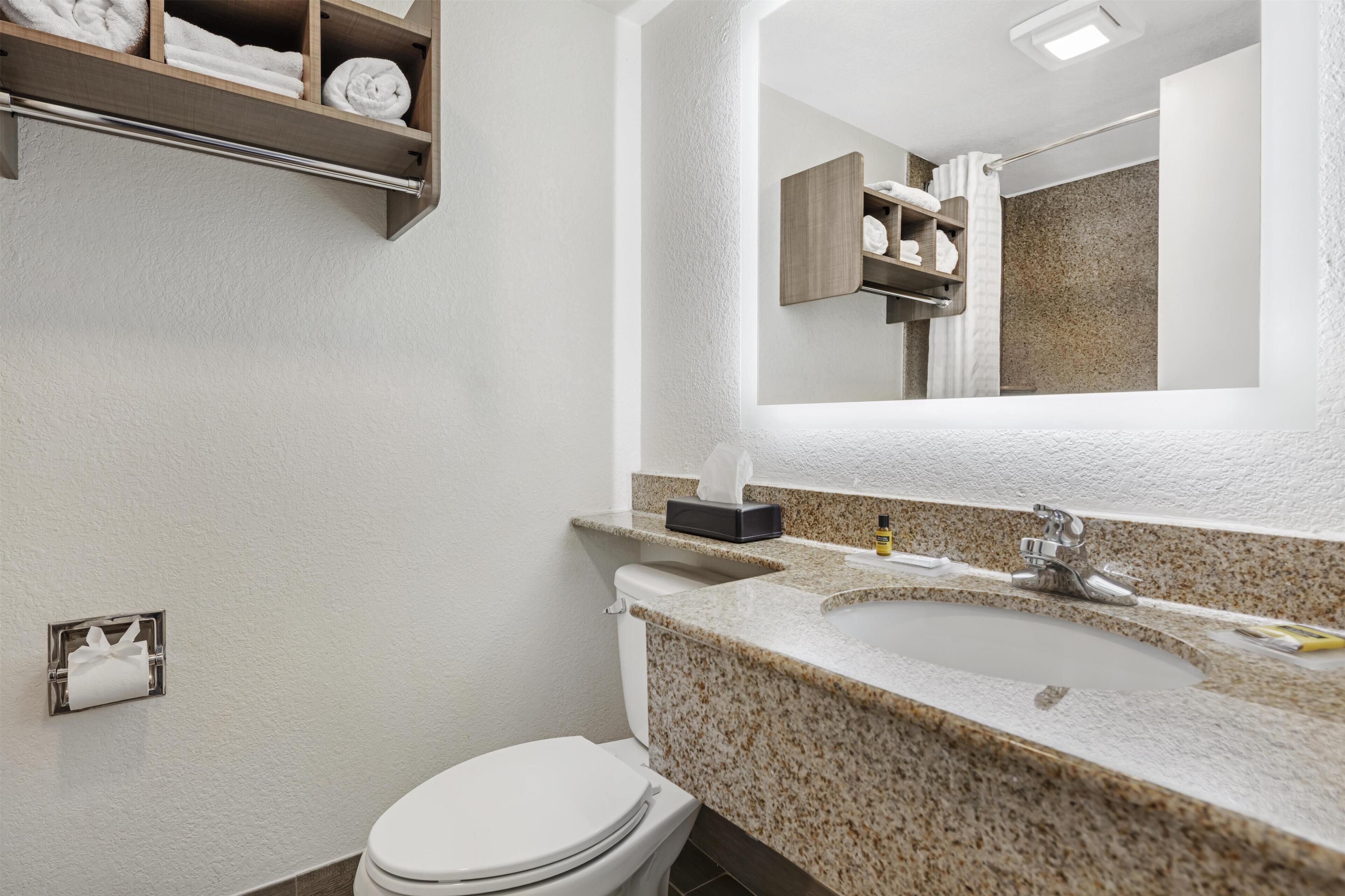A bathroom with a toilet, sink, towel rack, and a mirror.