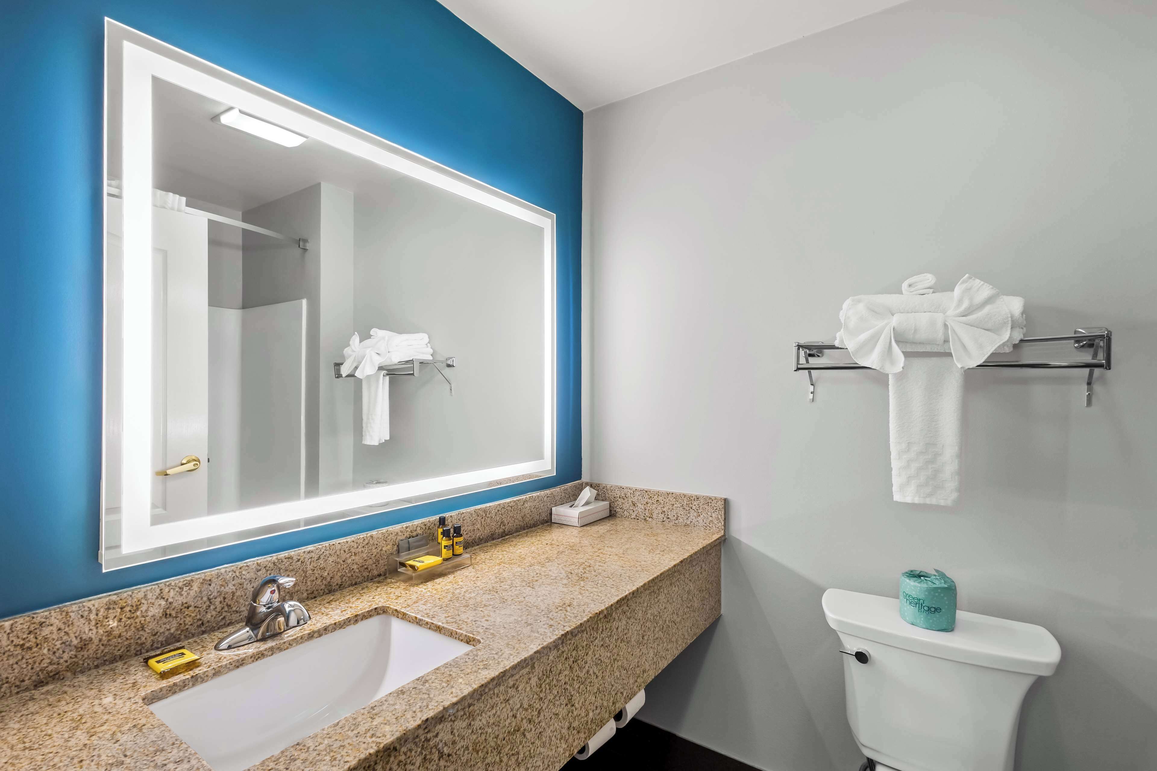 A bathroom with a large mirror, a sink, a toilet, and a towel rack.