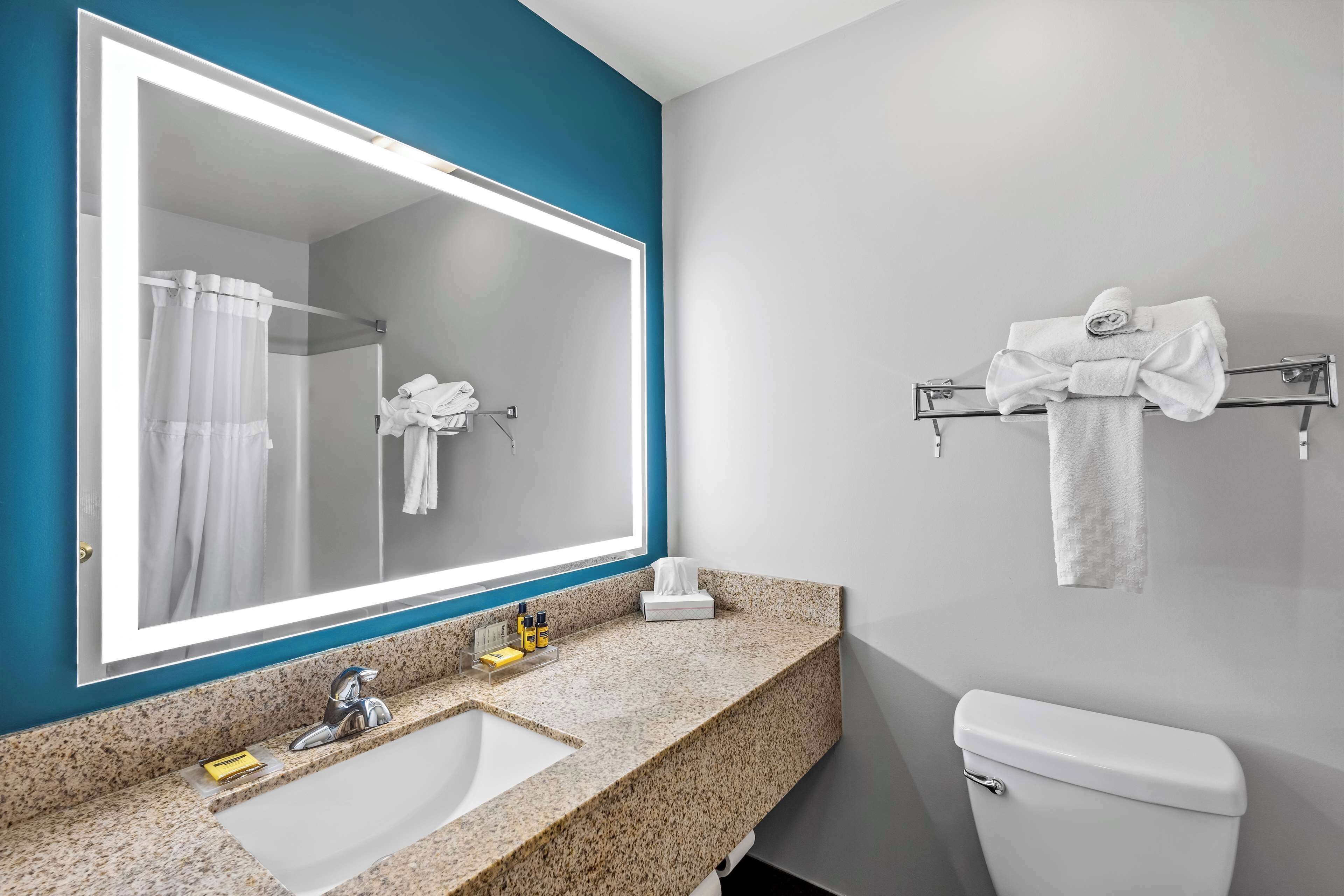 A modern bathroom with a large mirror, granite countertop, white sink, and a toilet.