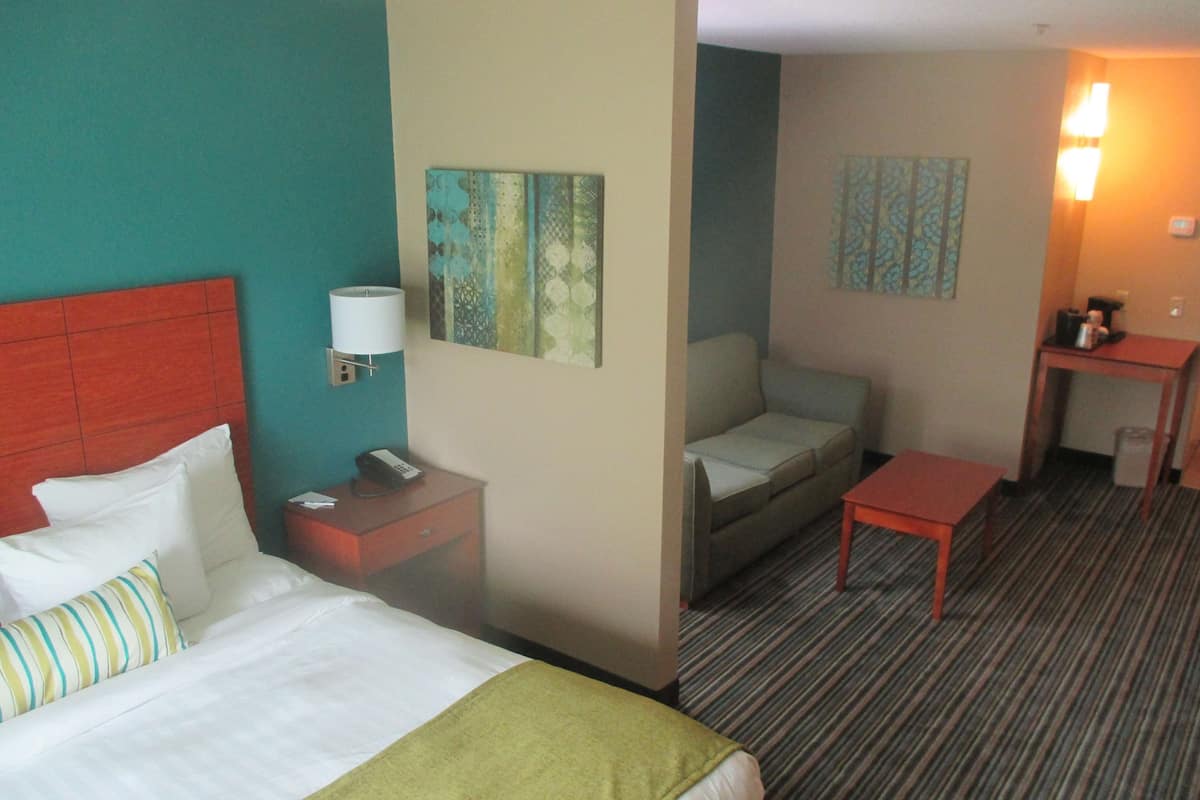 Una habitación de hotel con cama, escritorio, silla y sofá.