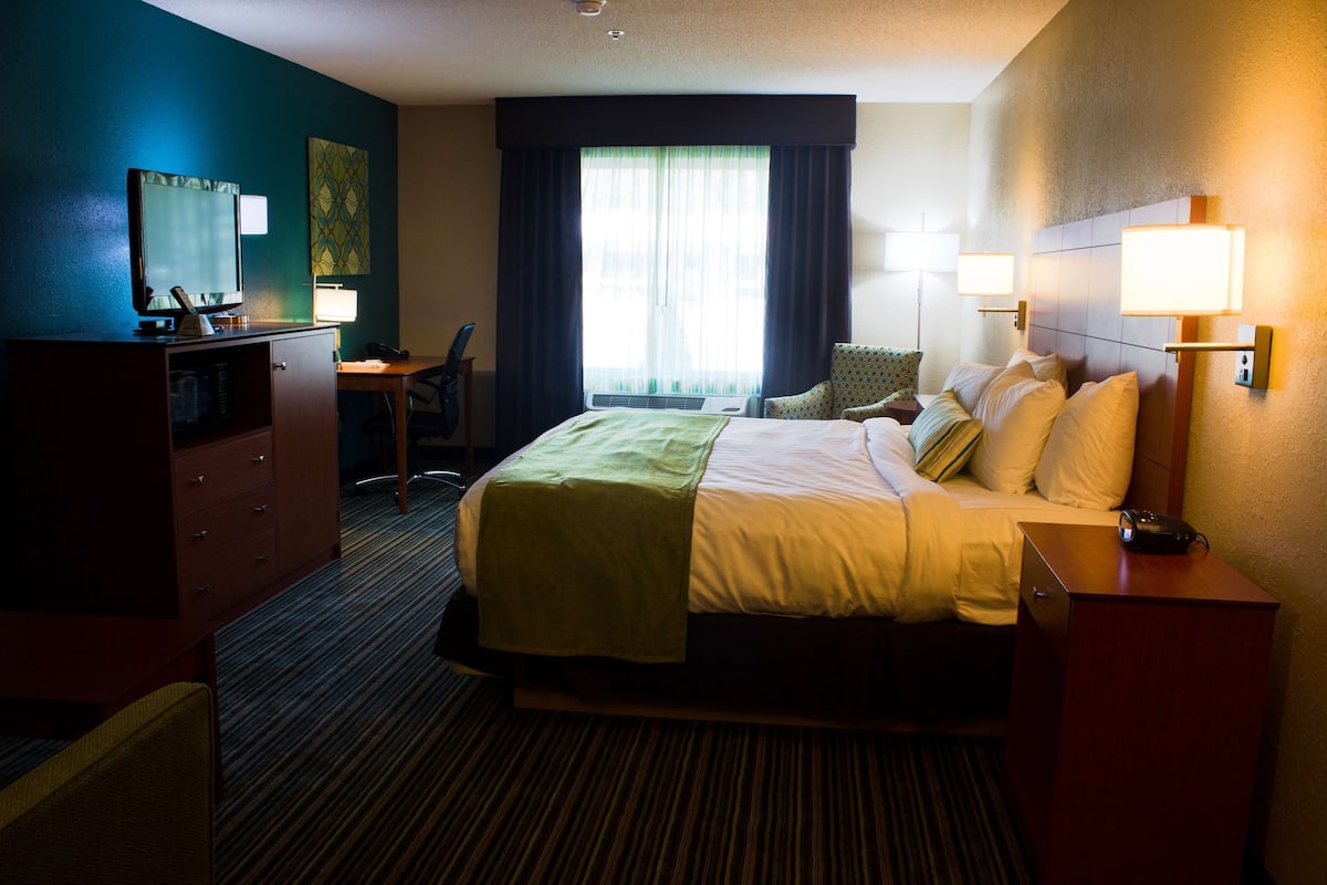 Habitación de hotel con cama, mesita de noche, lámpara, escritorio, silla y televisor.