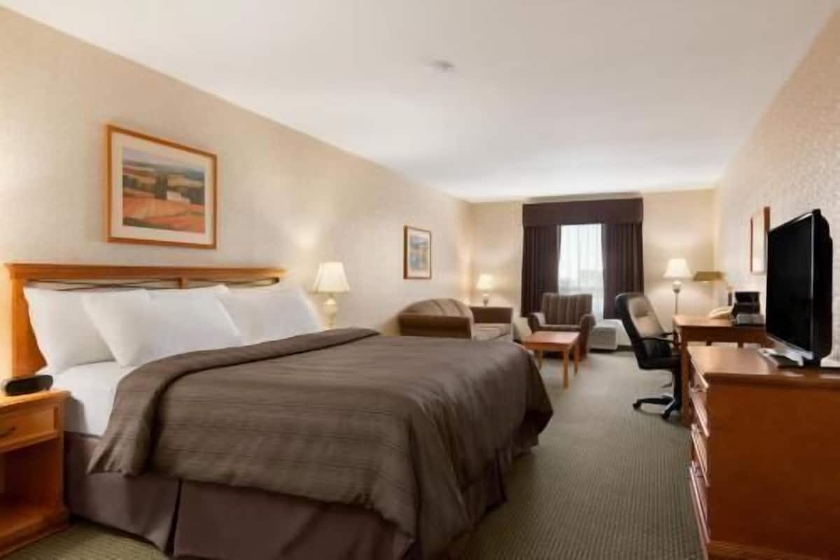 Una habitación de hotel con cama, escritorio, silla, televisor y dos lámparas.