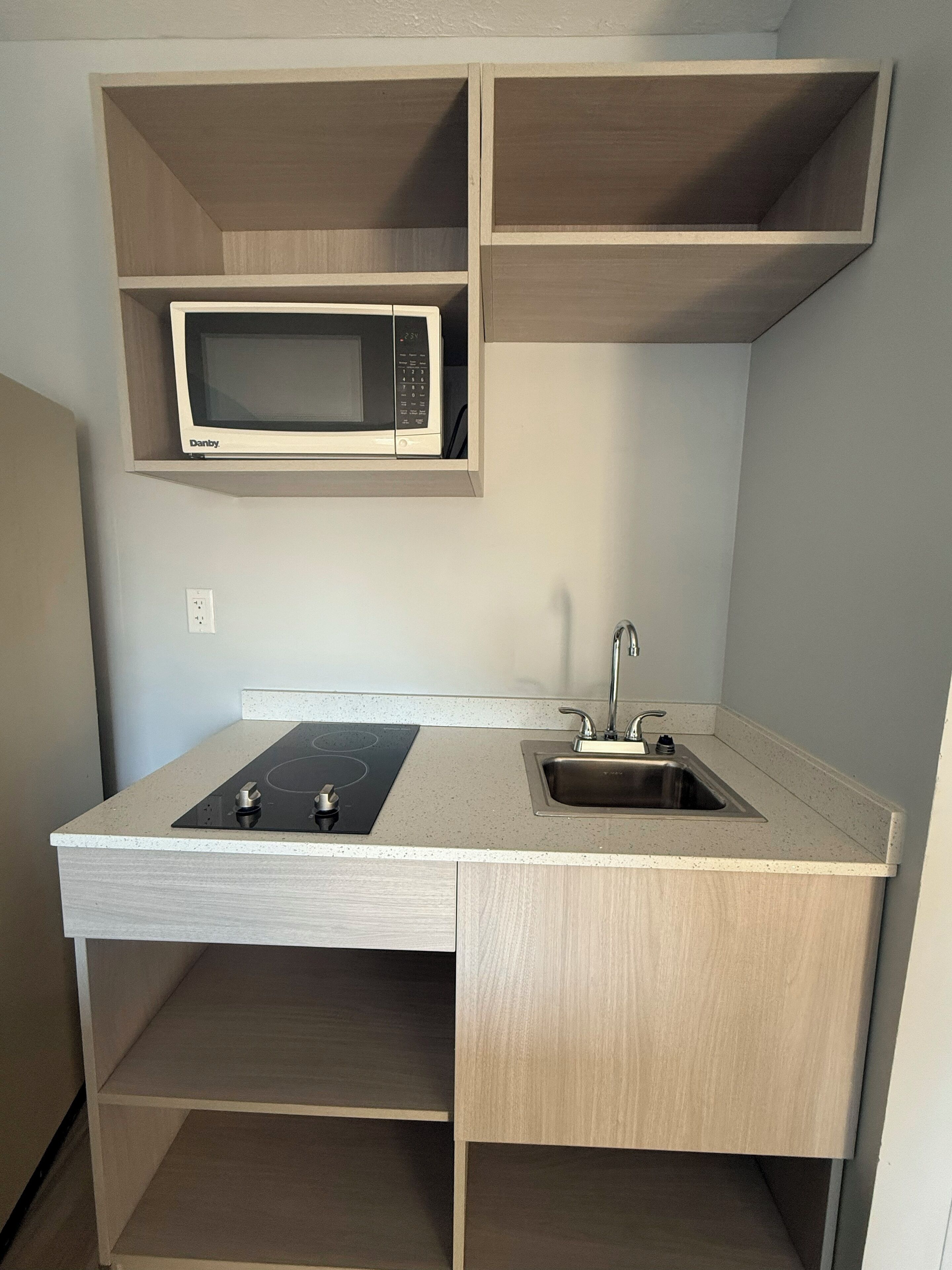 Grand réfrigérateur, micro-ondes, plaque de cuisson