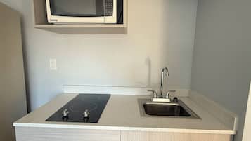 Grand réfrigérateur, micro-ondes, plaque de cuisson