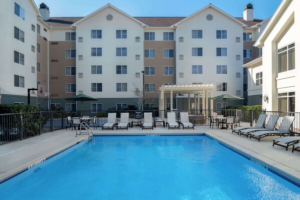 Outdoor pool, pool umbrellas, pool loungers