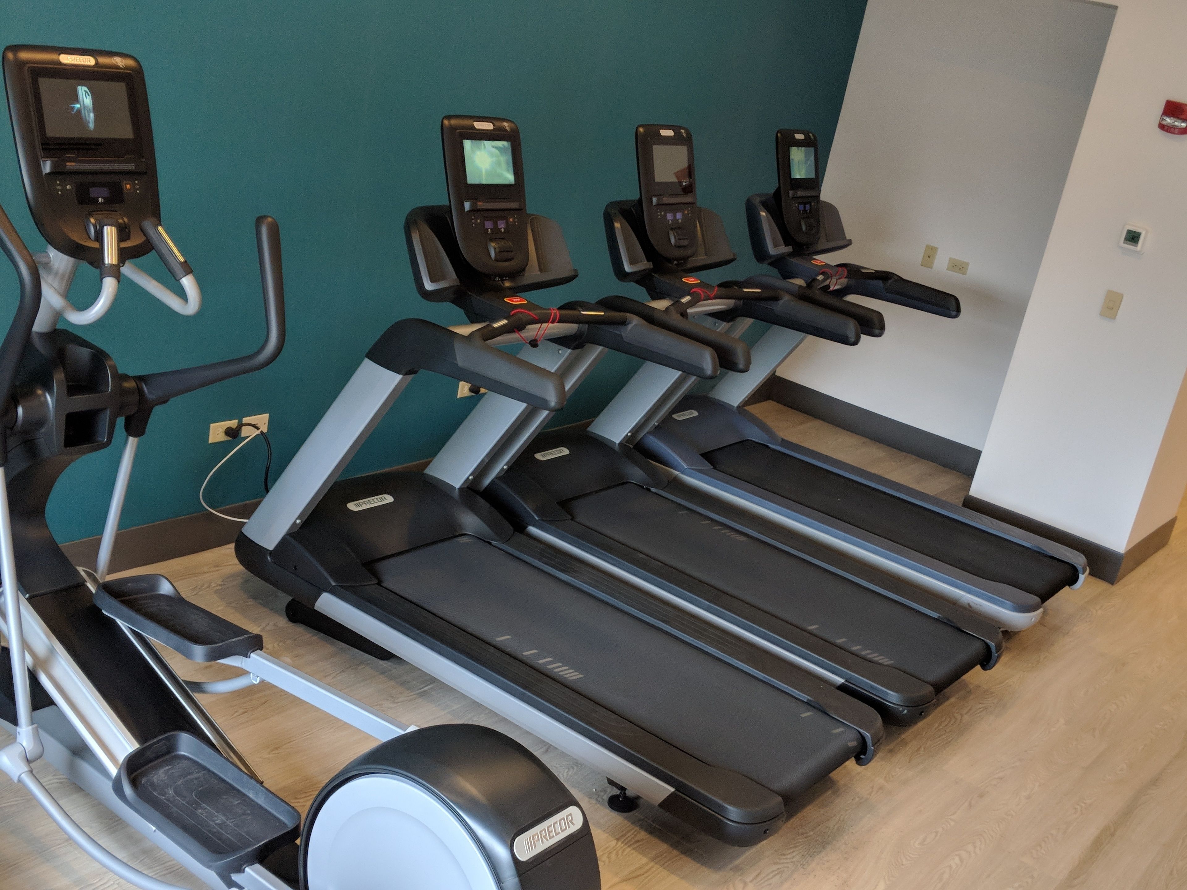 A row of treadmills with digital displays, a stationary bike, and a wall-mounted exercise machine in a gym.