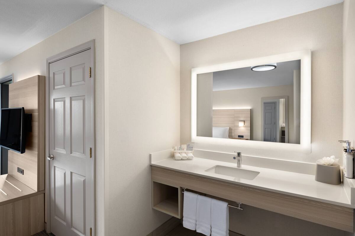 combined shower/bathtub, free toiletries, hair dryer, towels