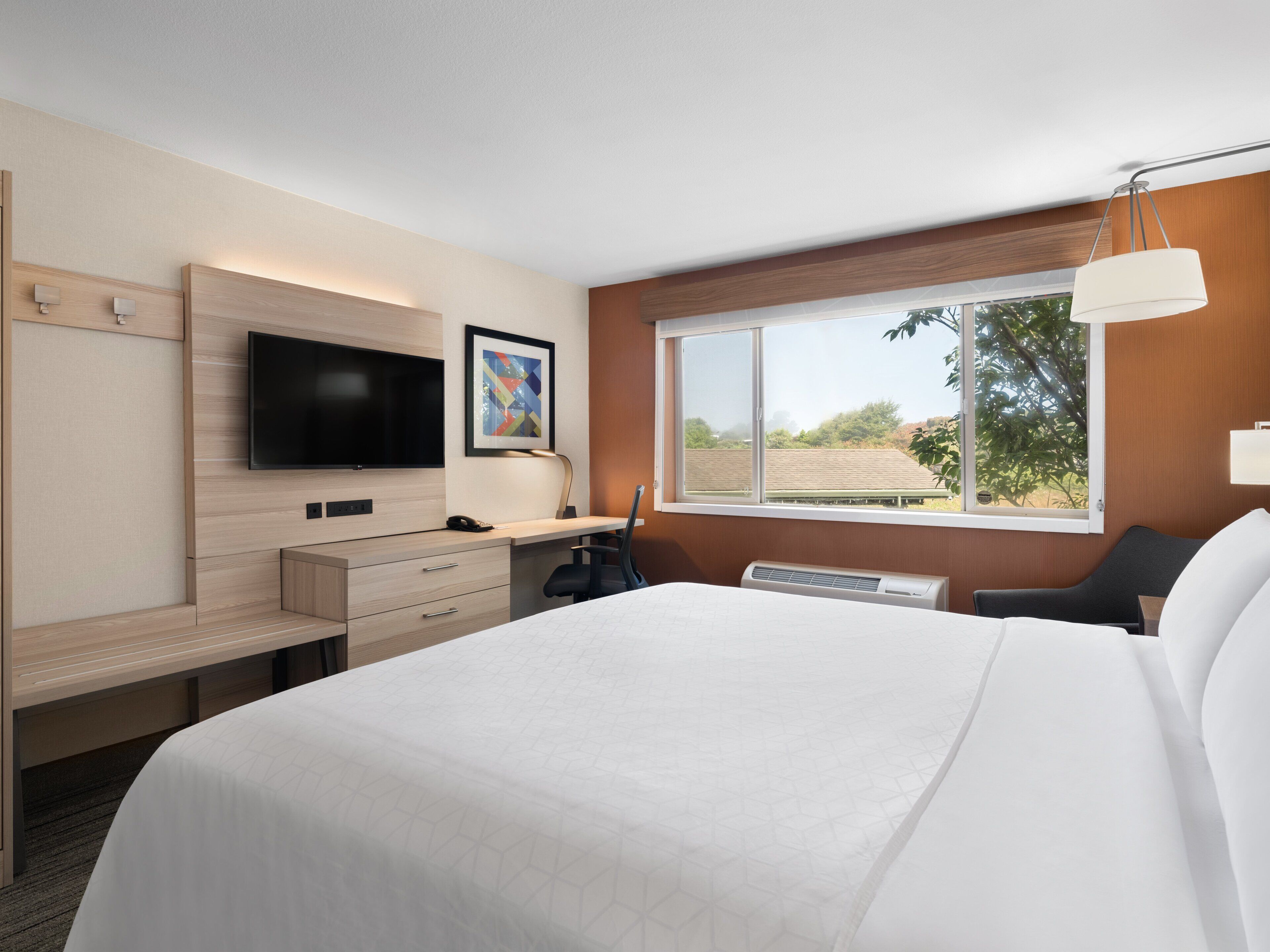 A modern hotel room with a large bed, a desk with a chair, a flat-screen TV, a window with a view of trees, and a bedside table with a lamp.
