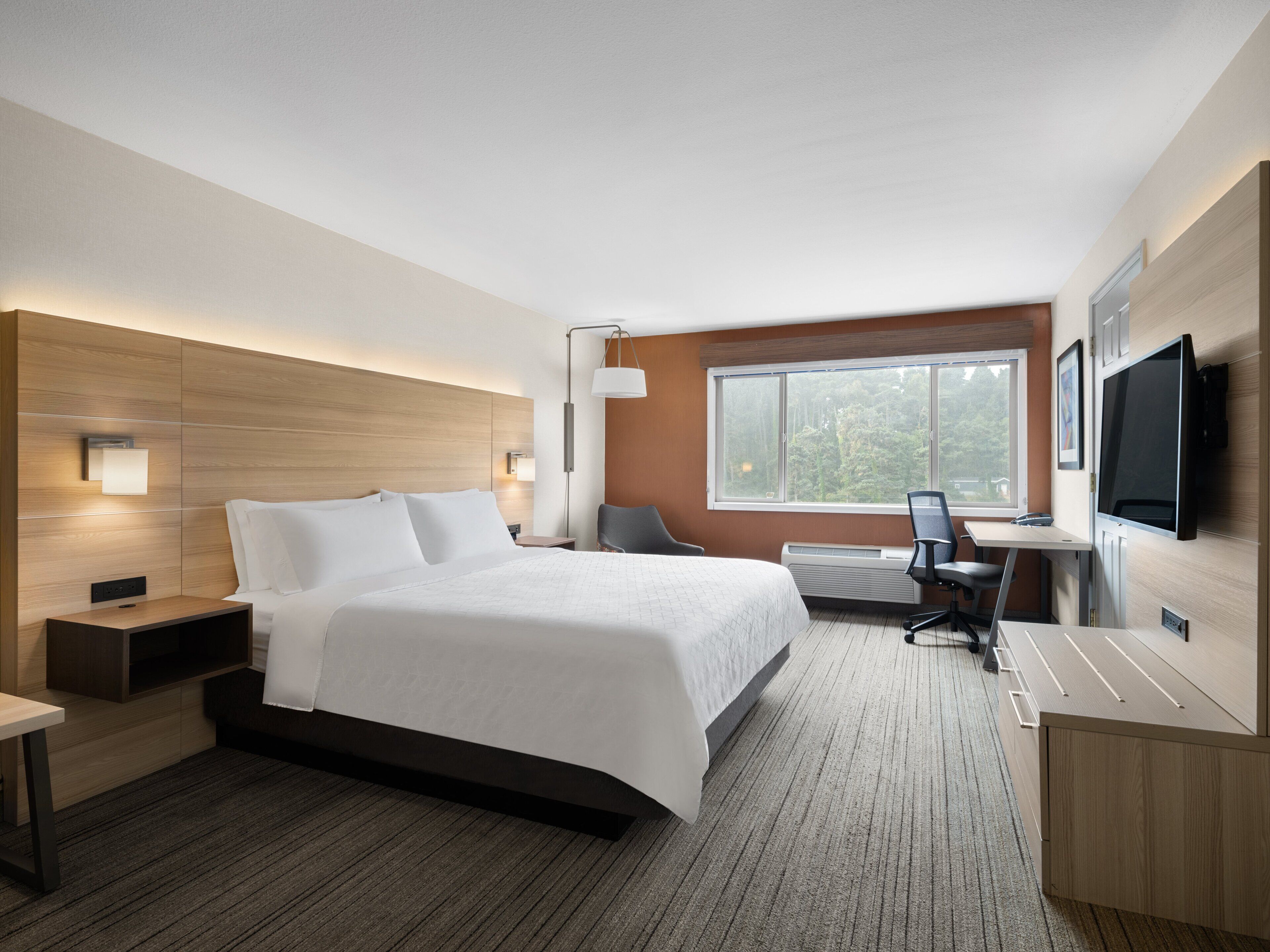 A modern hotel room with a large bed, a desk, a chair, a flat-screen TV, and a window with a view of trees.