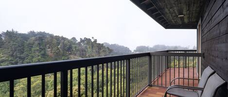 A balcony with a view of a forested hillside.