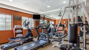 Un gimnasio con cintas de correr, elípticas y equipo de levantamiento de pesas.