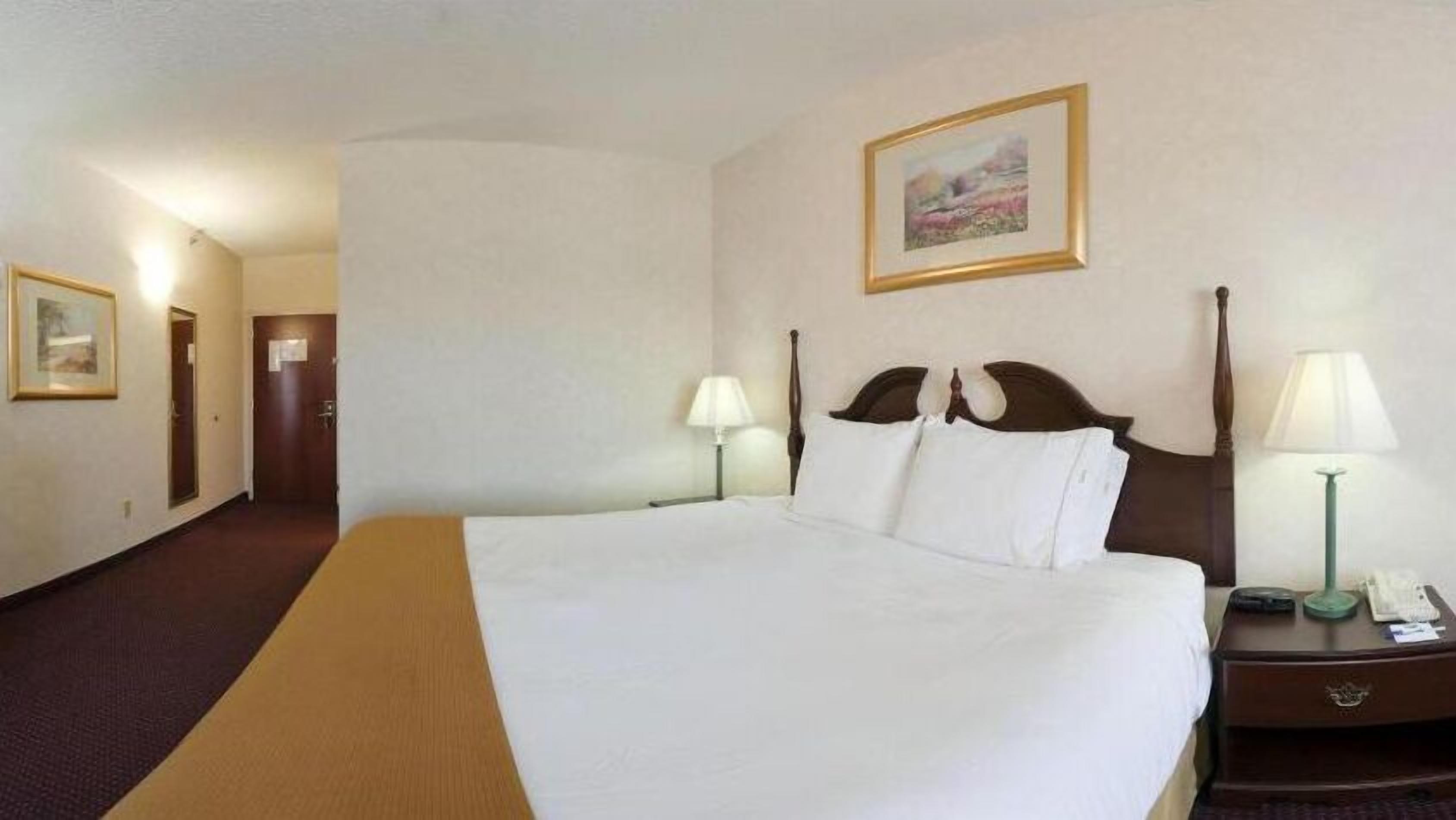 A hotel room with a large bed, two bedside lamps, a nightstand, and a framed picture on the wall.