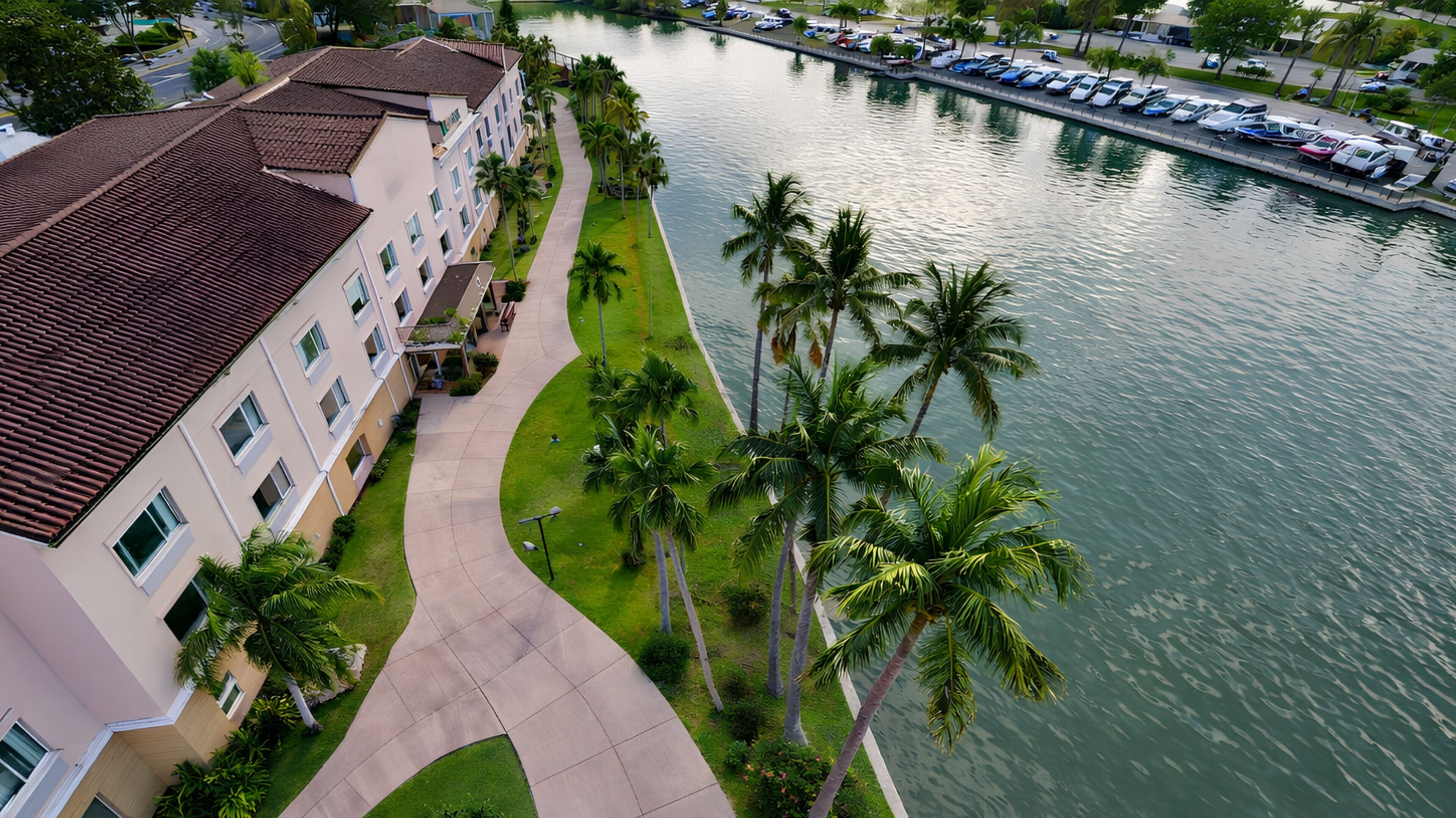 A waterfront hotel with a curved driveway, palm trees, and a marina with boats.