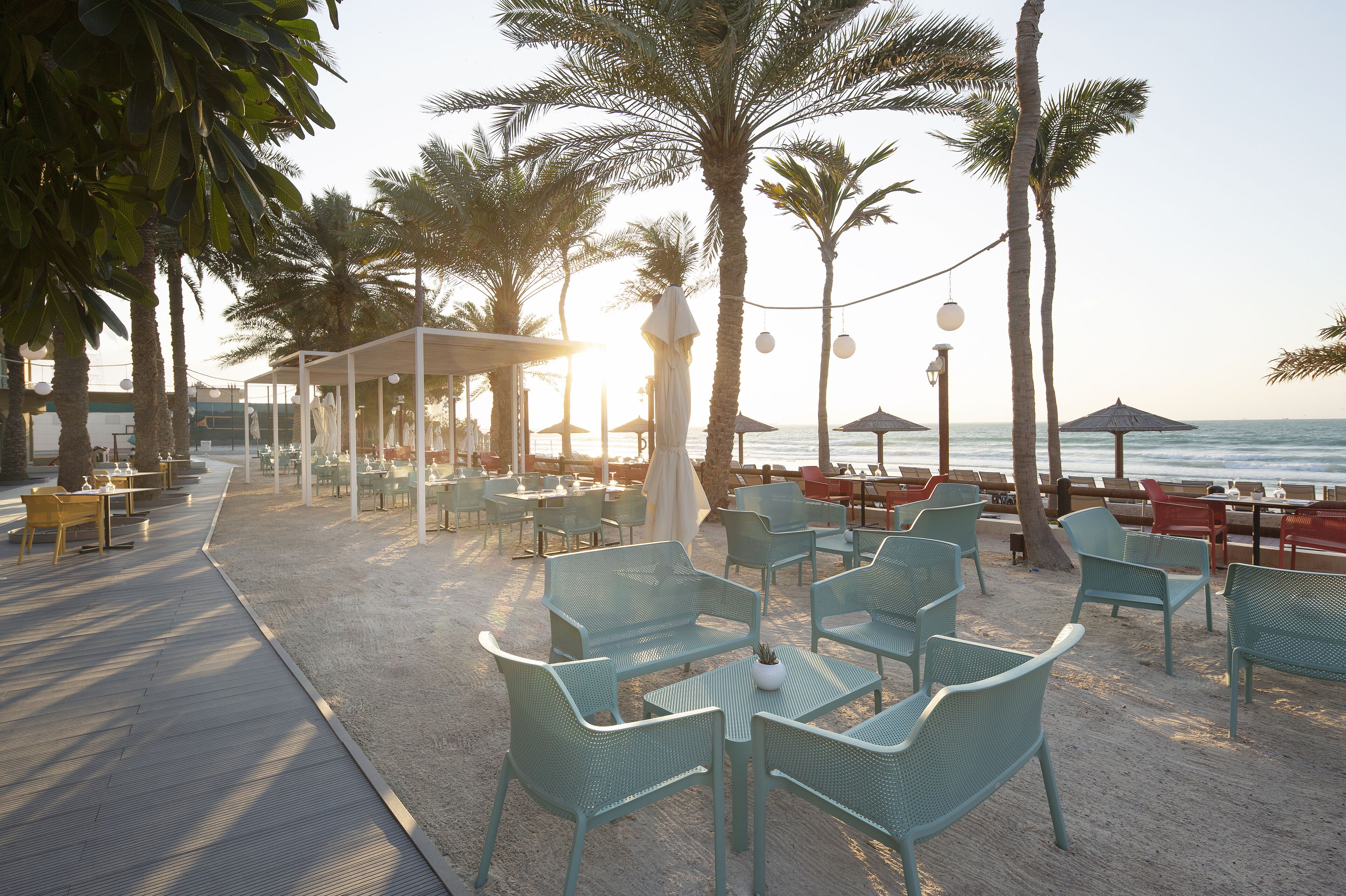 En café ved stranden med udendørs siddepladser, palmer og udsigt over havet.
