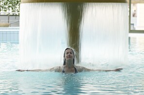 Indoor pool, outdoor pool, pool umbrellas, pool loungers