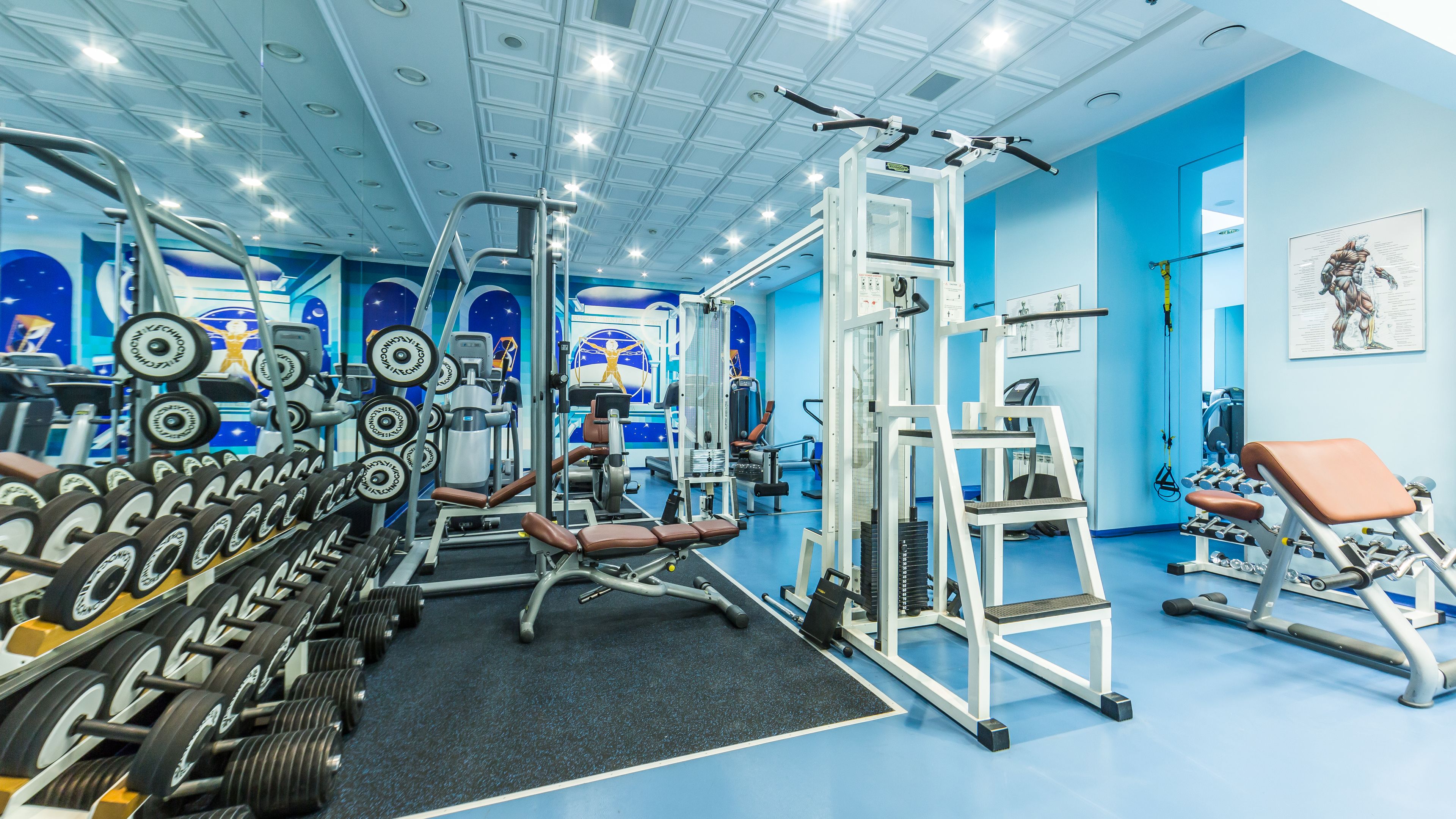 A gym with various exercise equipment, including dumbbells, weight machines, and benches.