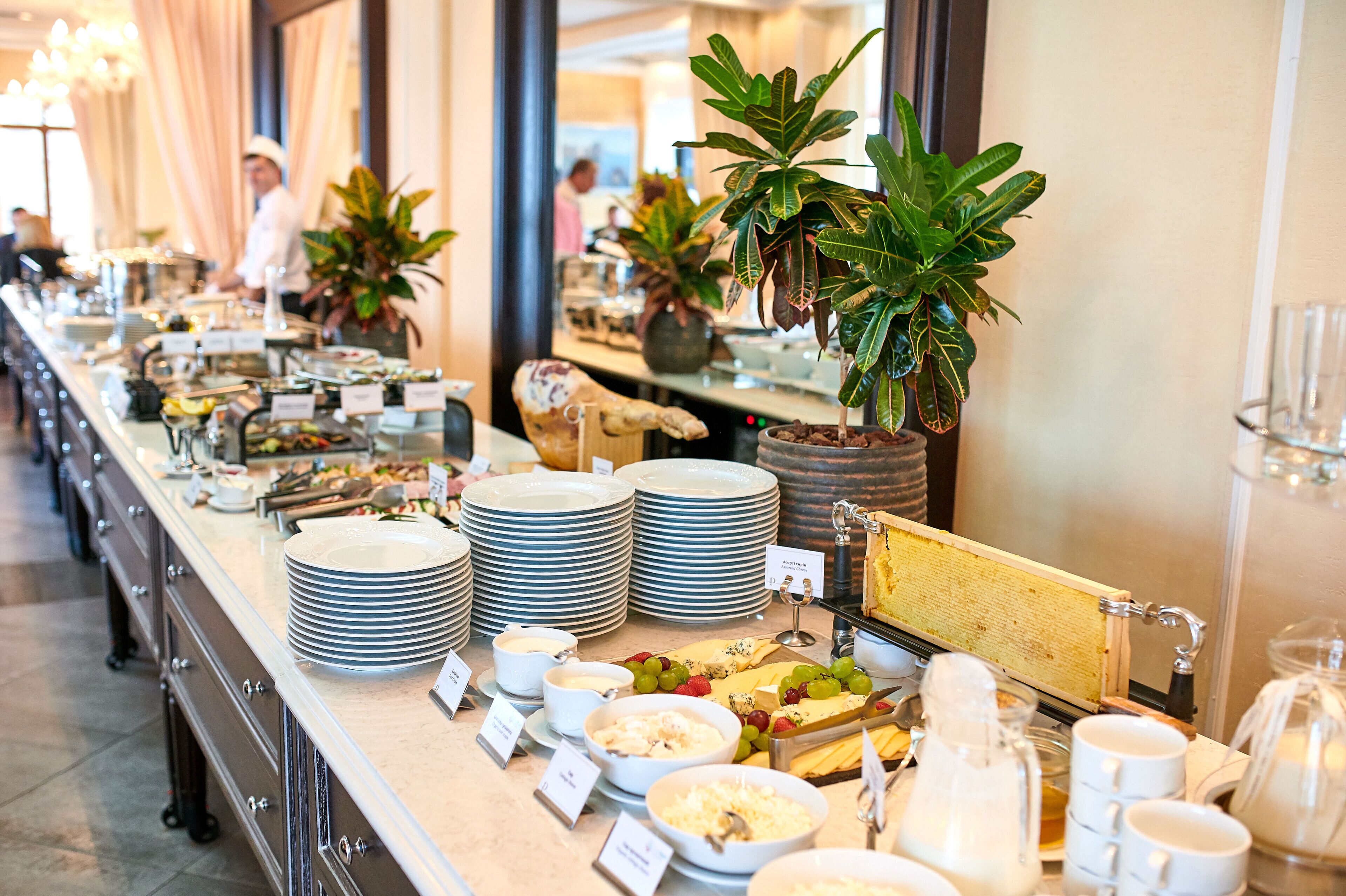 Ein reichhaltiges Buffet mit verschiedenen Speisen und Gerichten, darunter Teller, Schüsseln und eine Käseplatte.