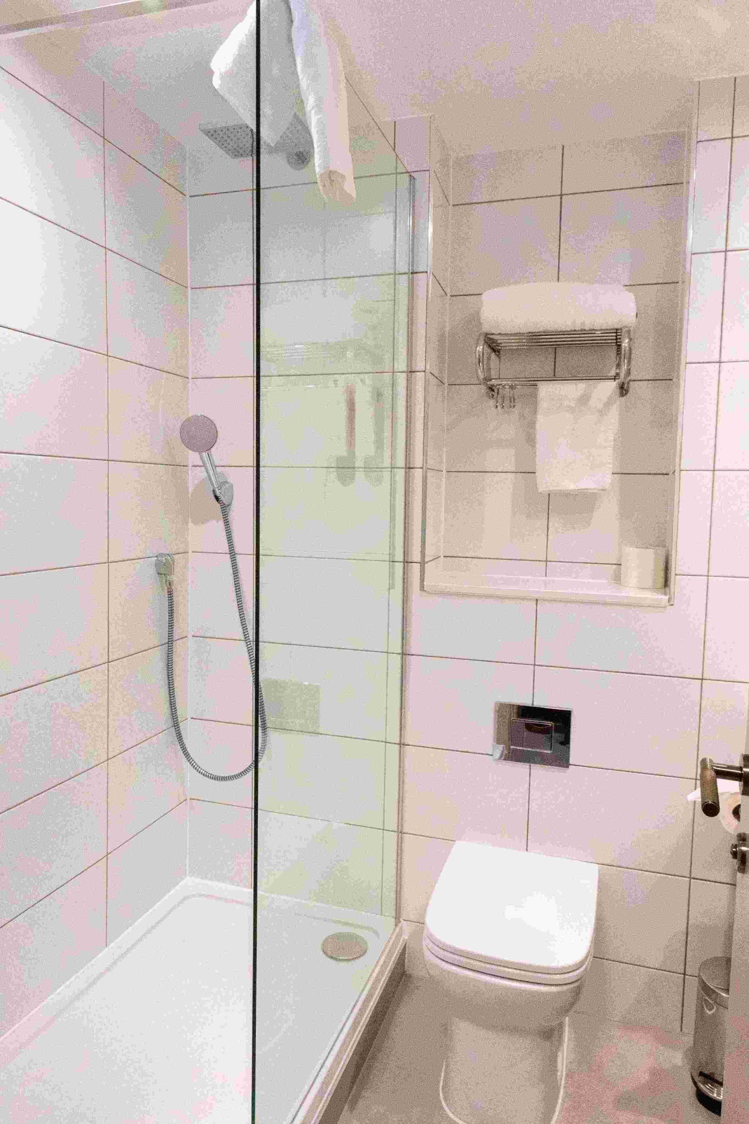 A small bathroom with a glass shower enclosure, a toilet, and a towel rack.