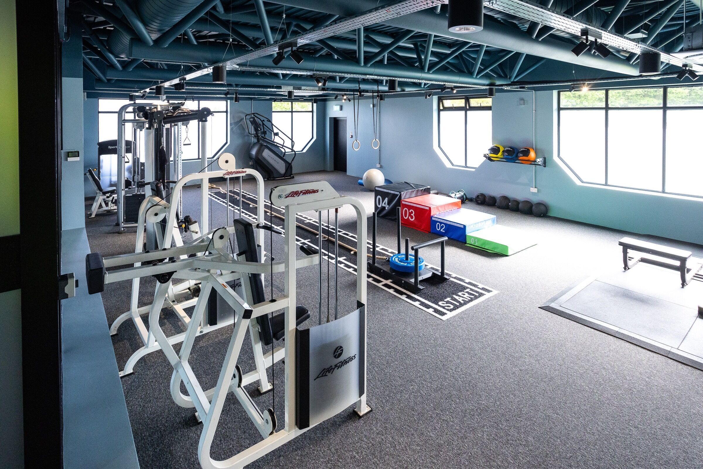 A gym with weightlifting equipment, a bench, and a wall-mounted rack with weights.