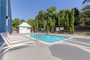 Seasonal outdoor pool, open 8 AM to 8 PM, pool umbrellas, pool loungers