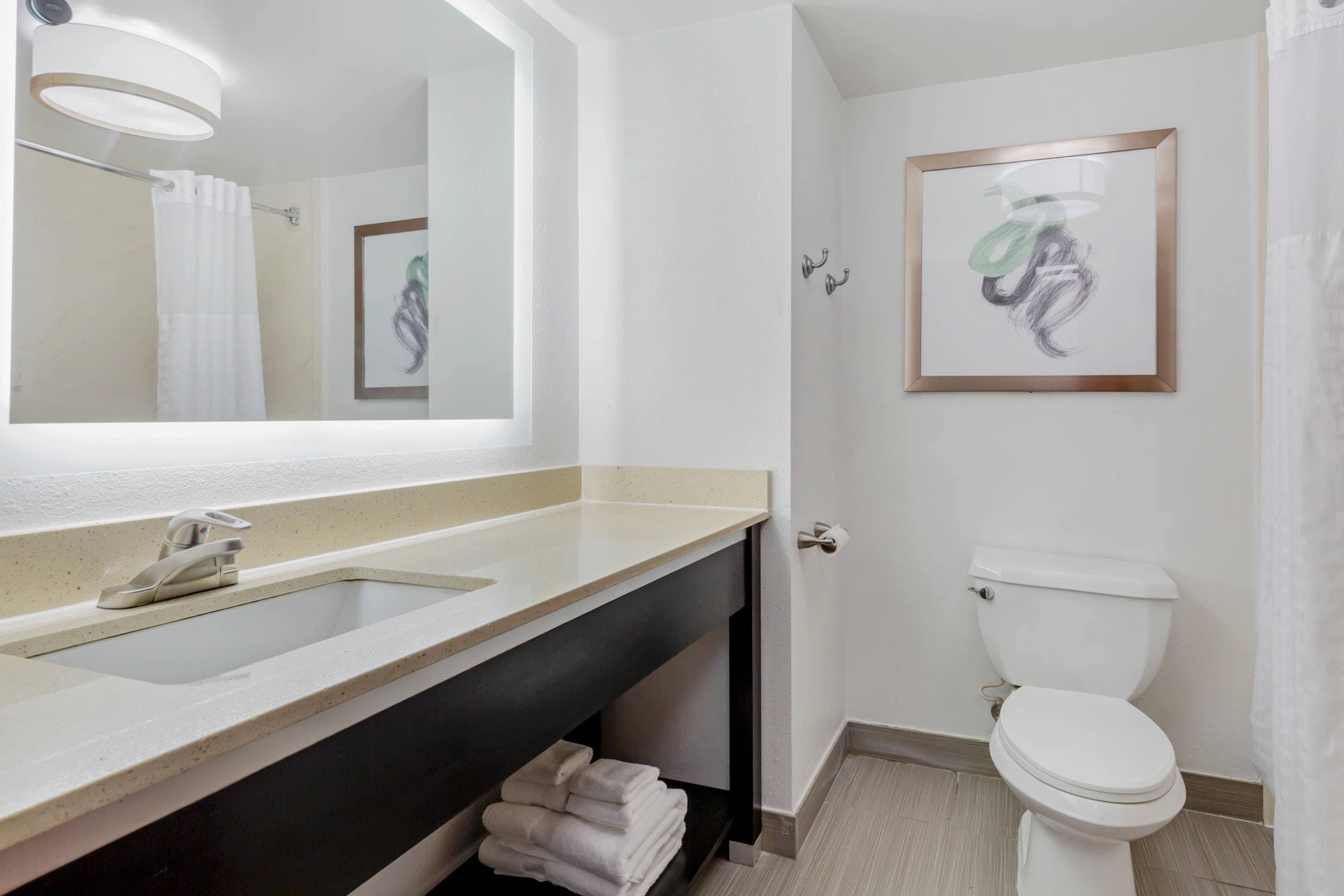 A bathroom with a sink, mirror, toilet, and towel rack.