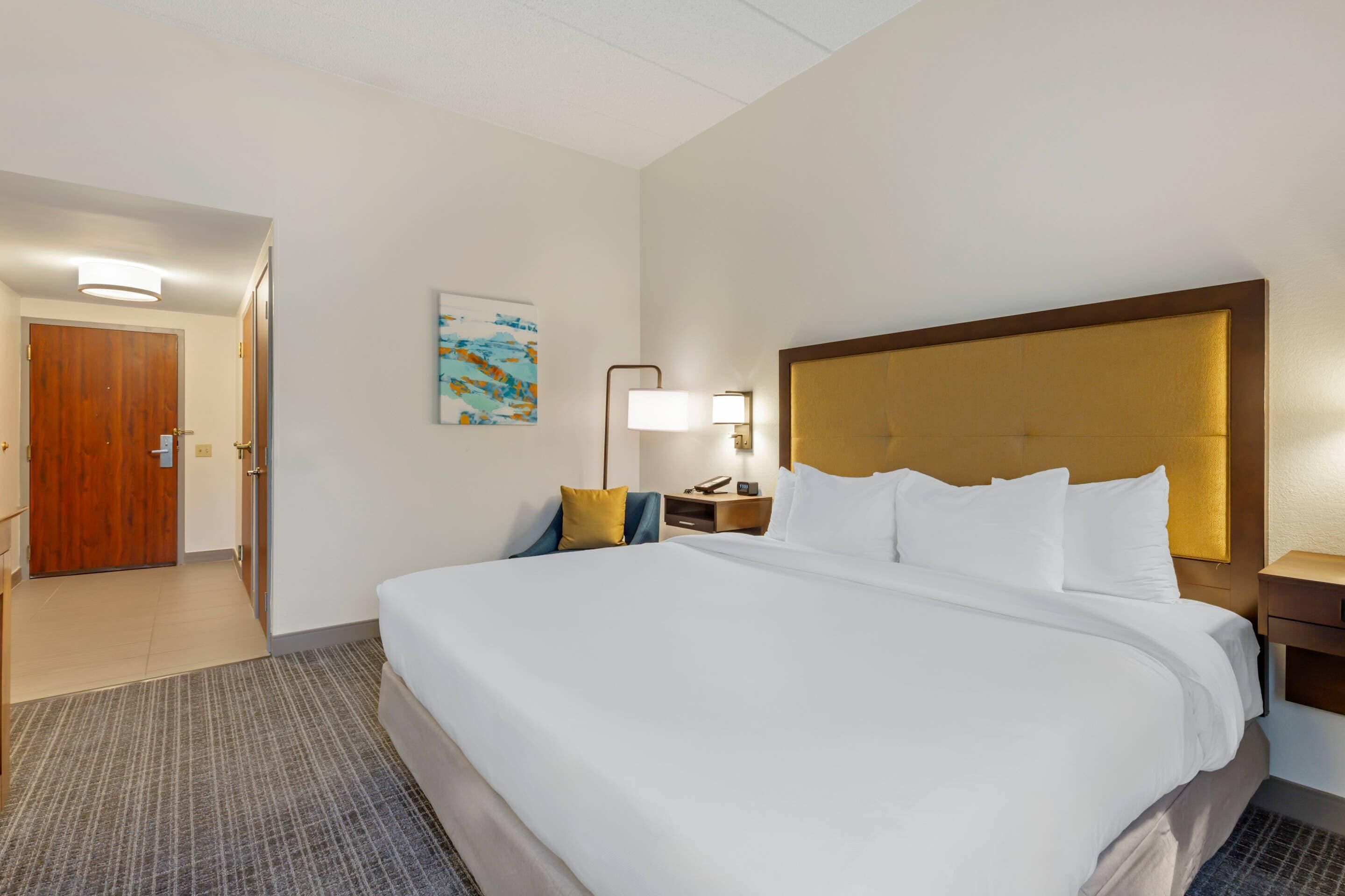 Habitación de hotel con una cama grande, una puerta de madera, una mesita de noche con lámpara y un cuadro en la pared.