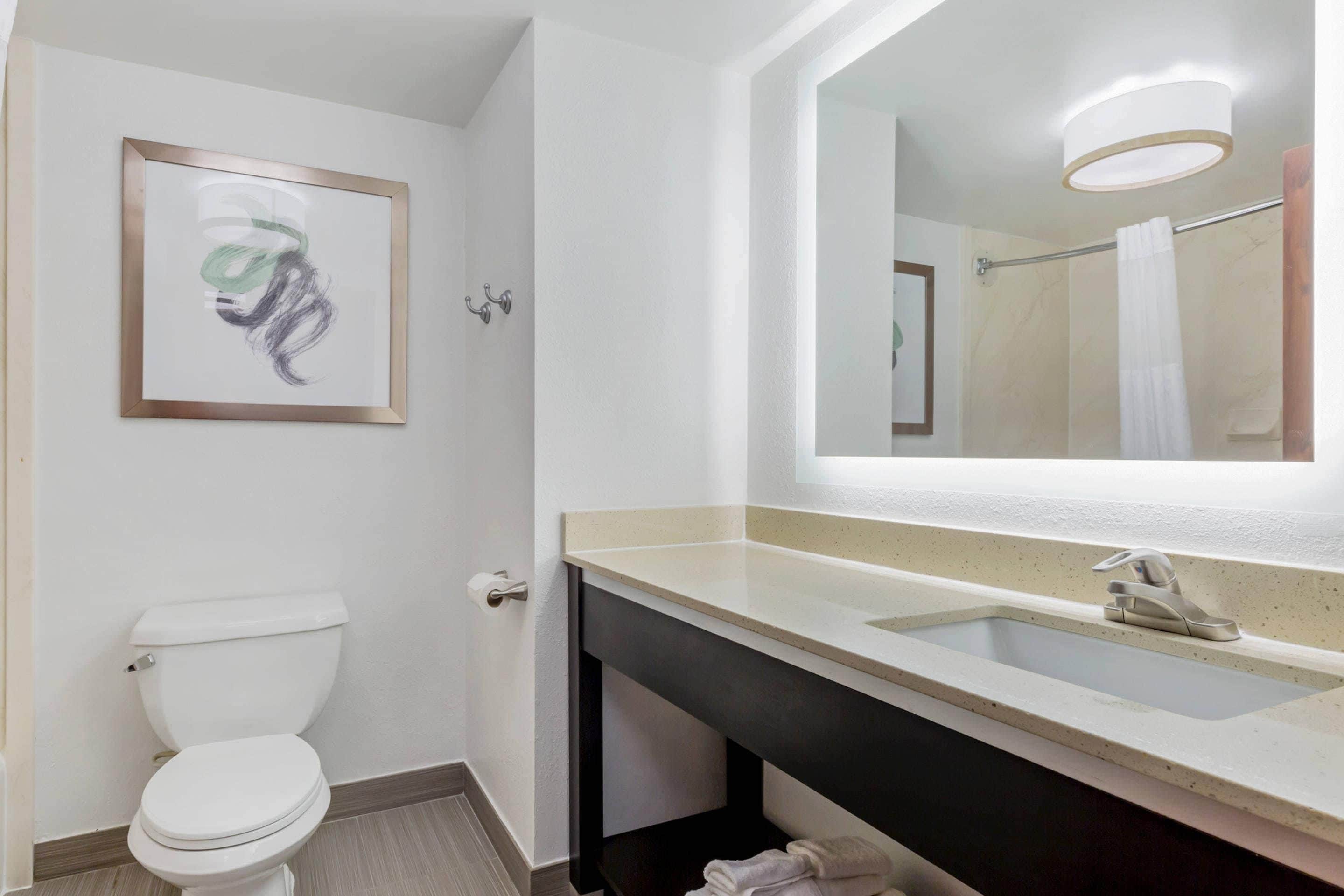 A bathroom with a toilet, sink, mirror, and towel rack.