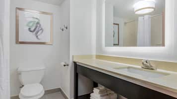 A bathroom with a toilet, a sink, a mirror, and a framed artwork on the wall.