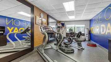 A gym with treadmills, elliptical machines, and a stationary bike.