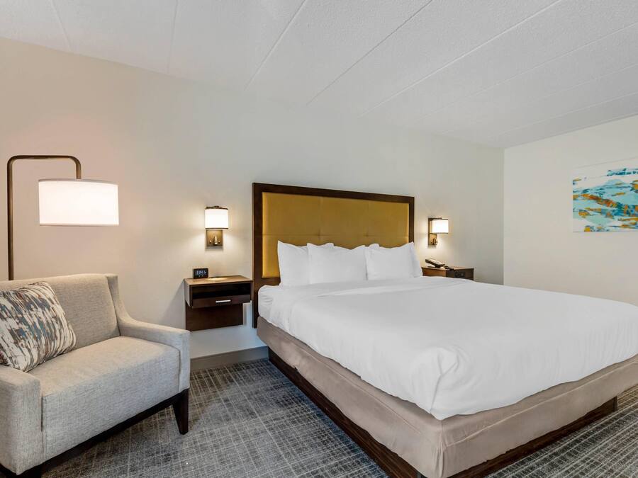 A hotel room with a large bed, a chair, bedside tables, and wall-mounted lamps.