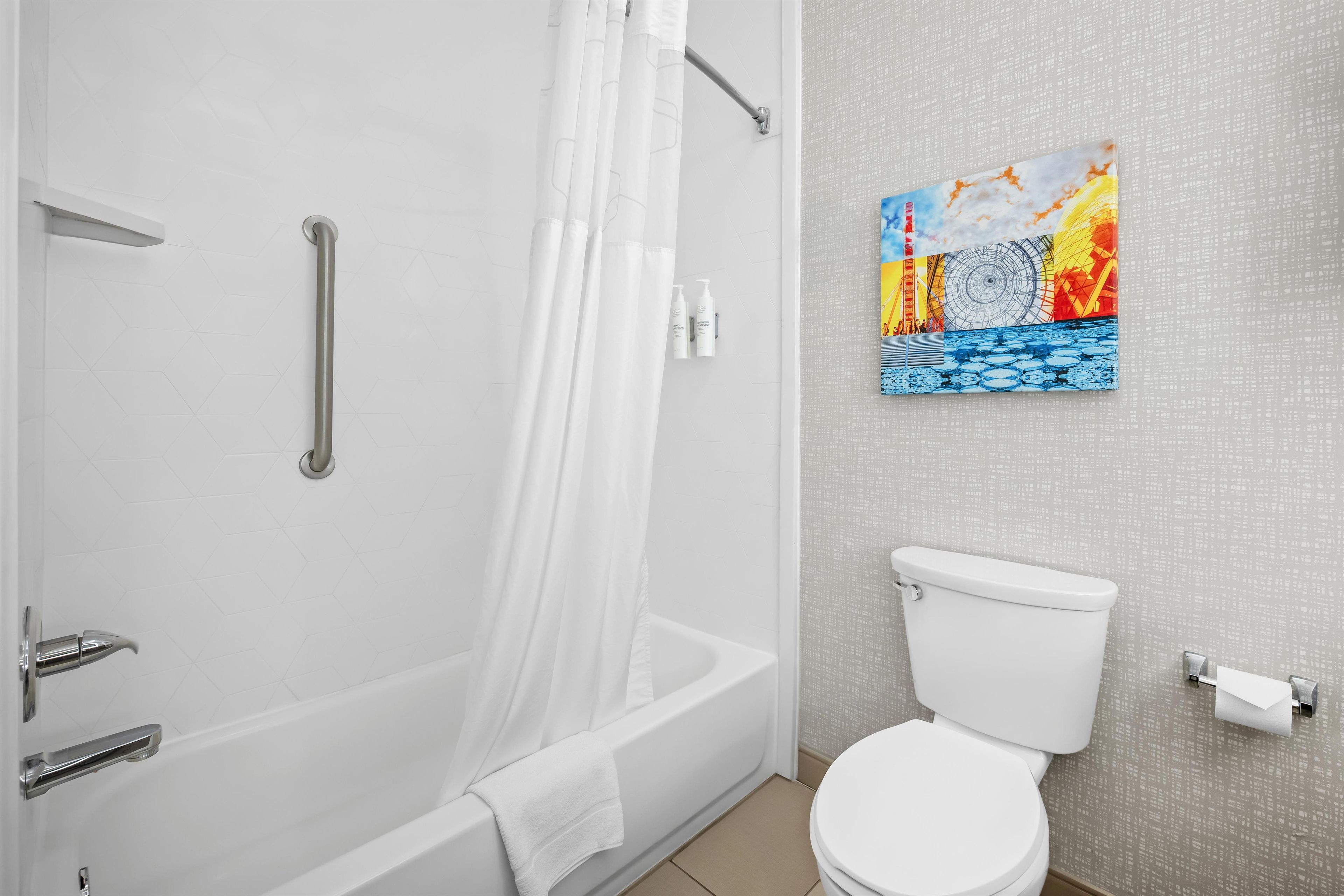A bathroom with a shower, toilet, and a painting on the wall.