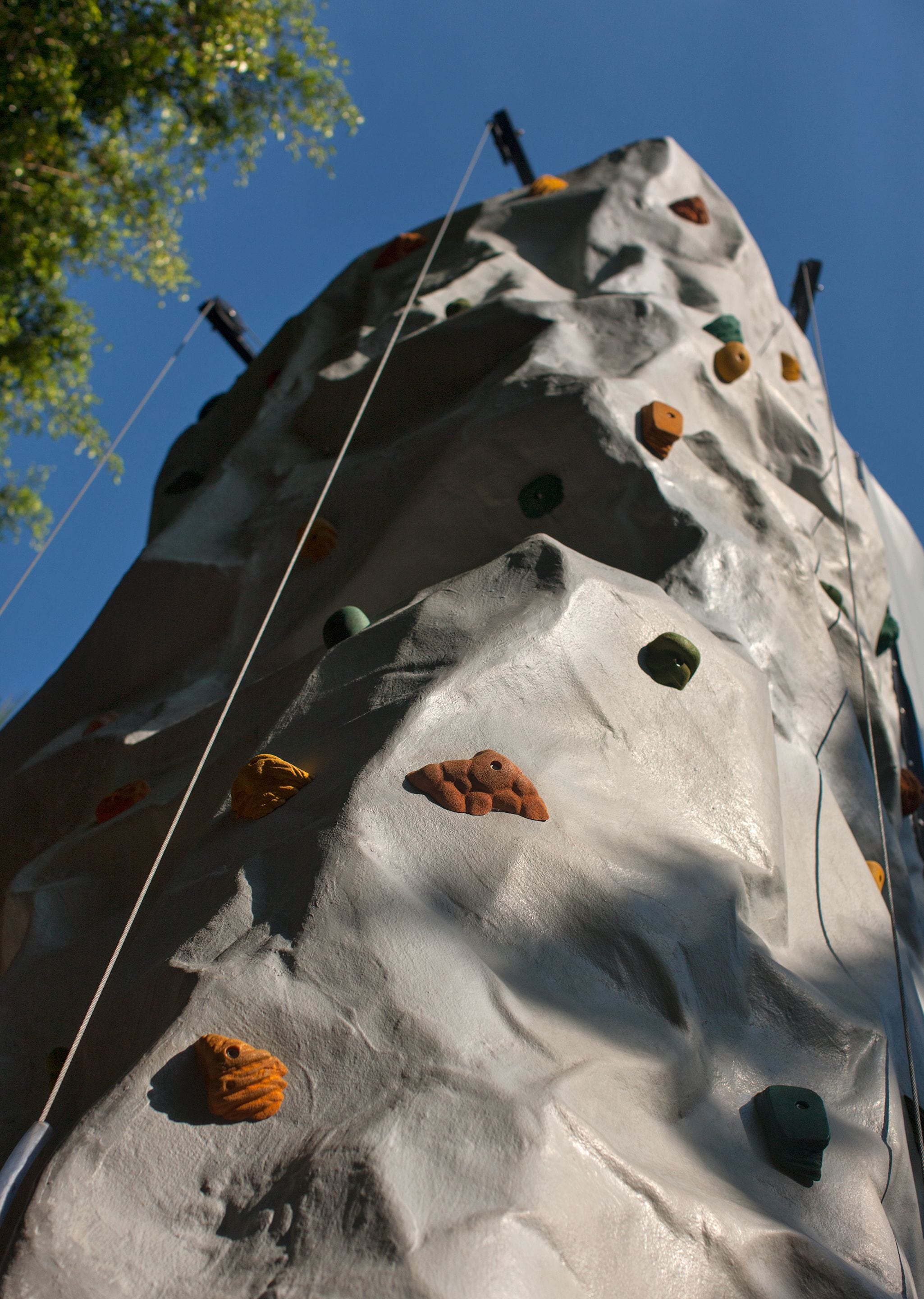A climbing wall with various holds and ropes.