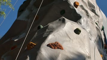 A climbing wall with various holds and ropes.