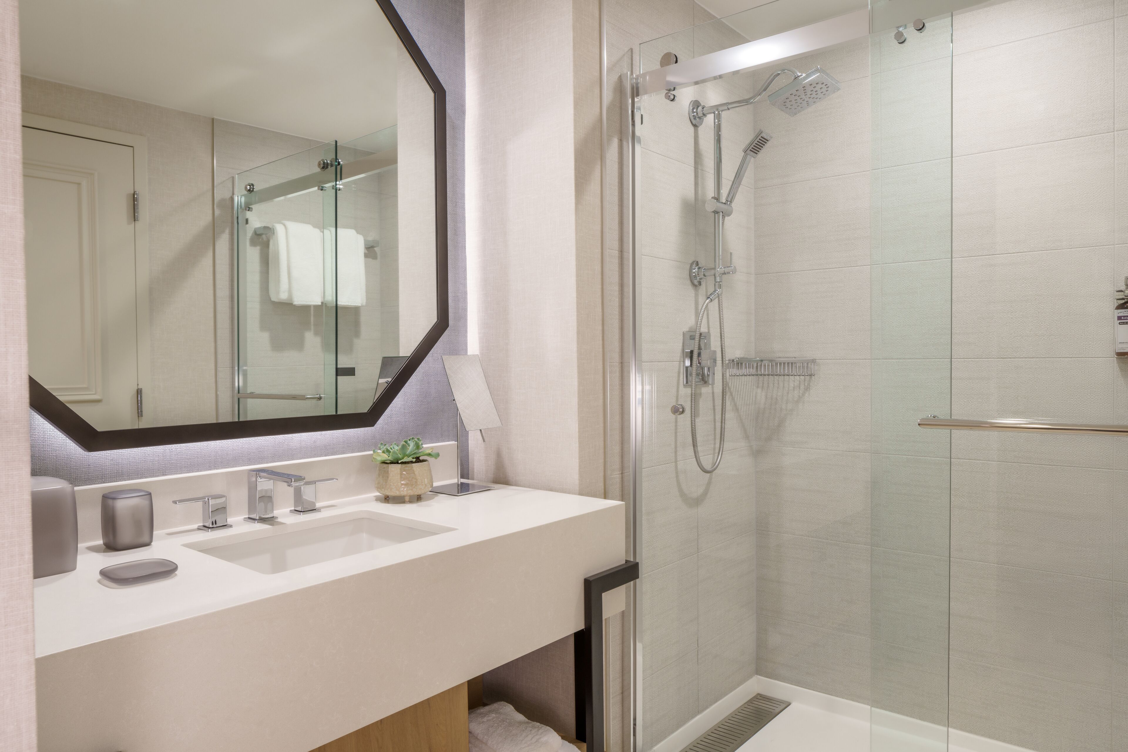 A modern bathroom with a glass-enclosed shower, a large mirror, and a white sink with a plant.