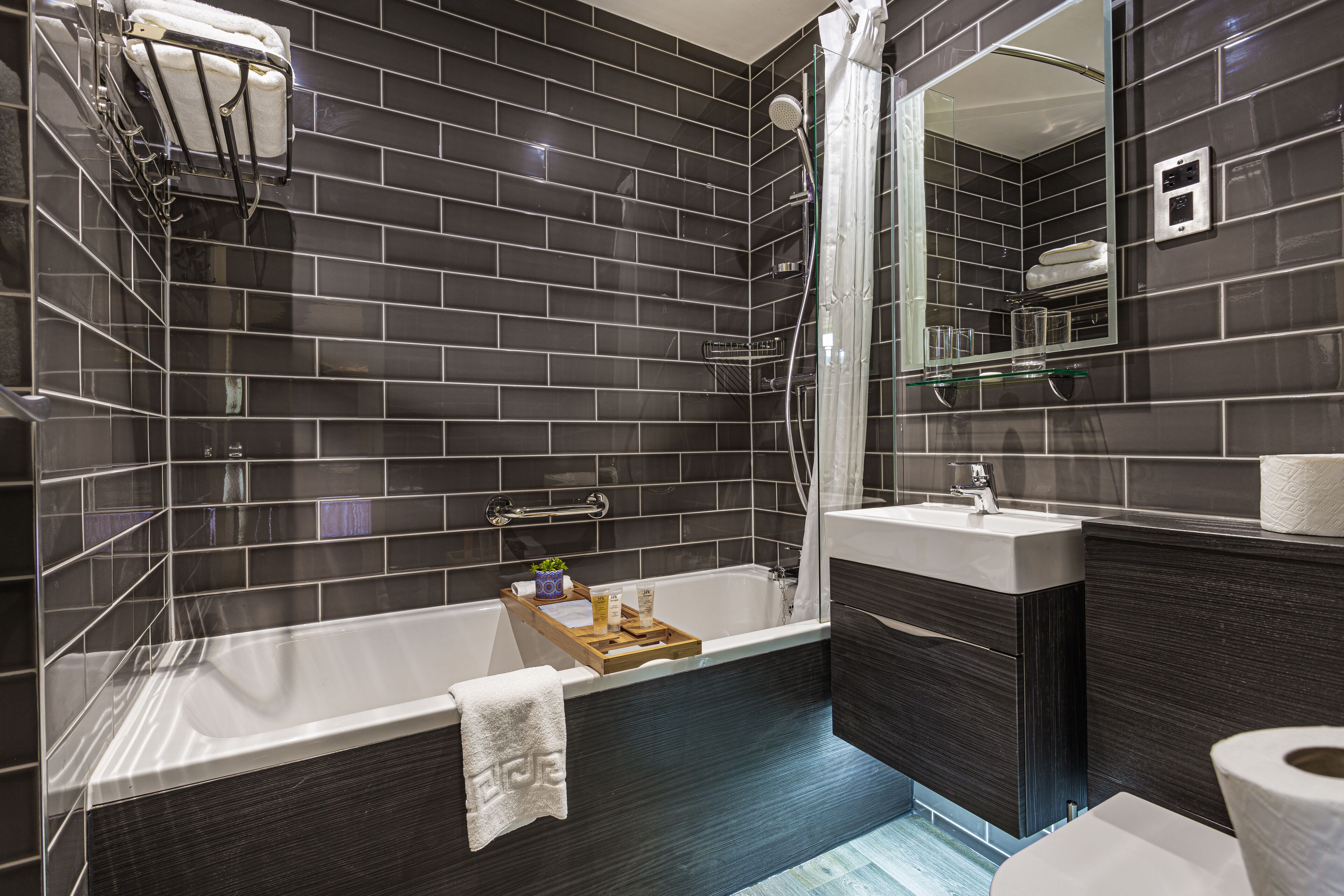 superior double room | bathroom | hair dryer, towels