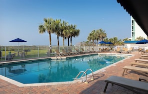 Outdoor pool, pool umbrellas, pool loungers