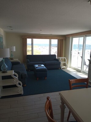 Deluxe Suite, Oceanfront, 2 Bedrooms | Living area | Flat-screen TV, fireplace, DVD player