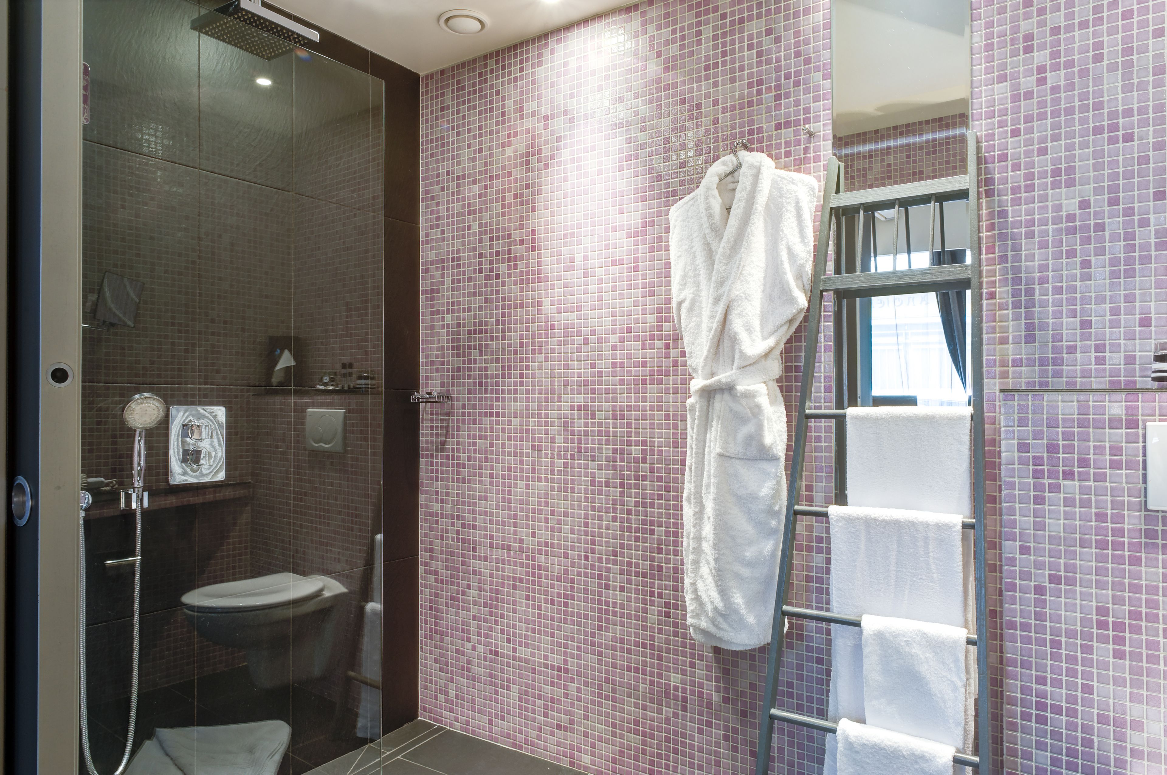 hydromassage showerhead, free toiletries, hair dryer, towels