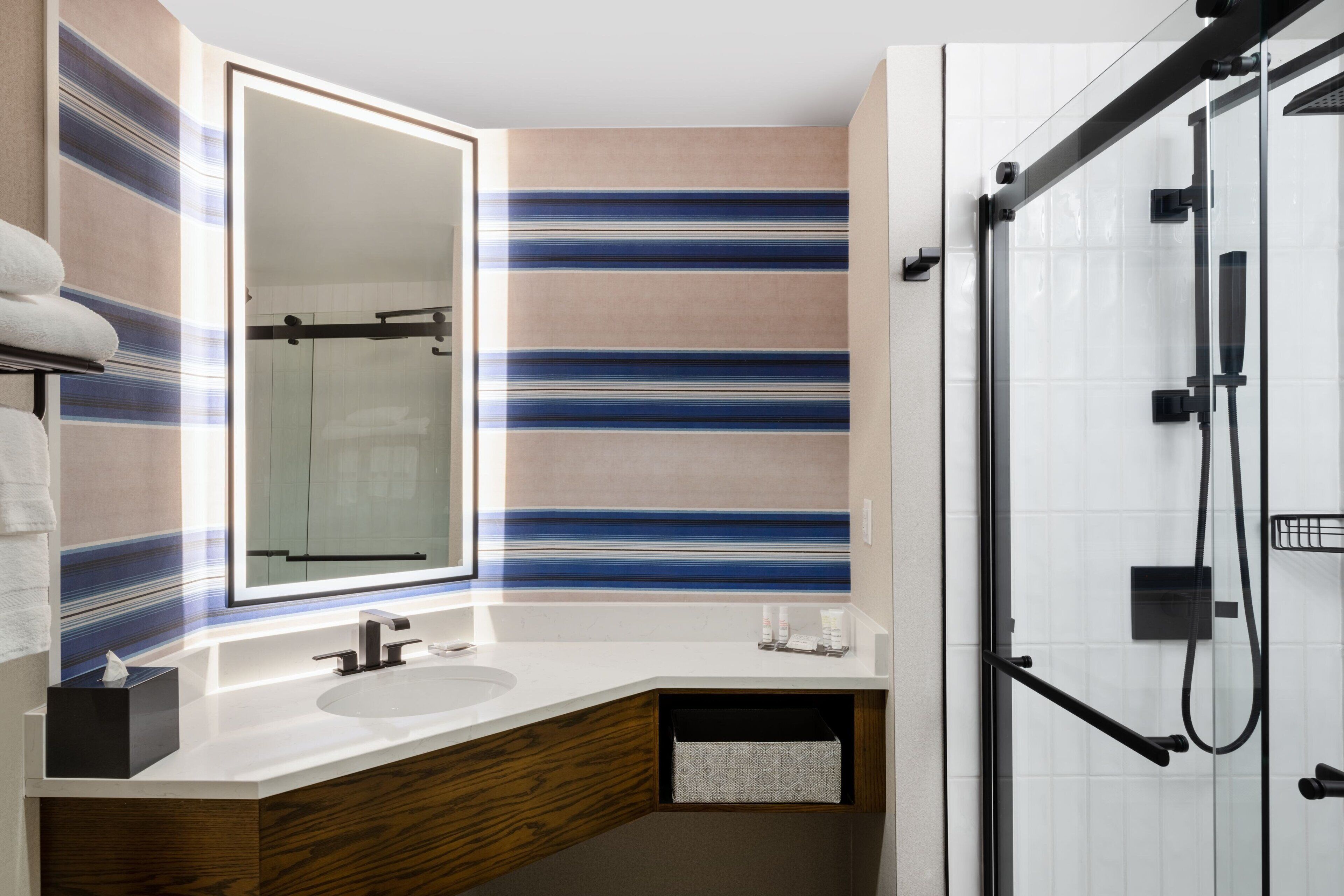 combined shower/bathtub, free toiletries, hair dryer, towels