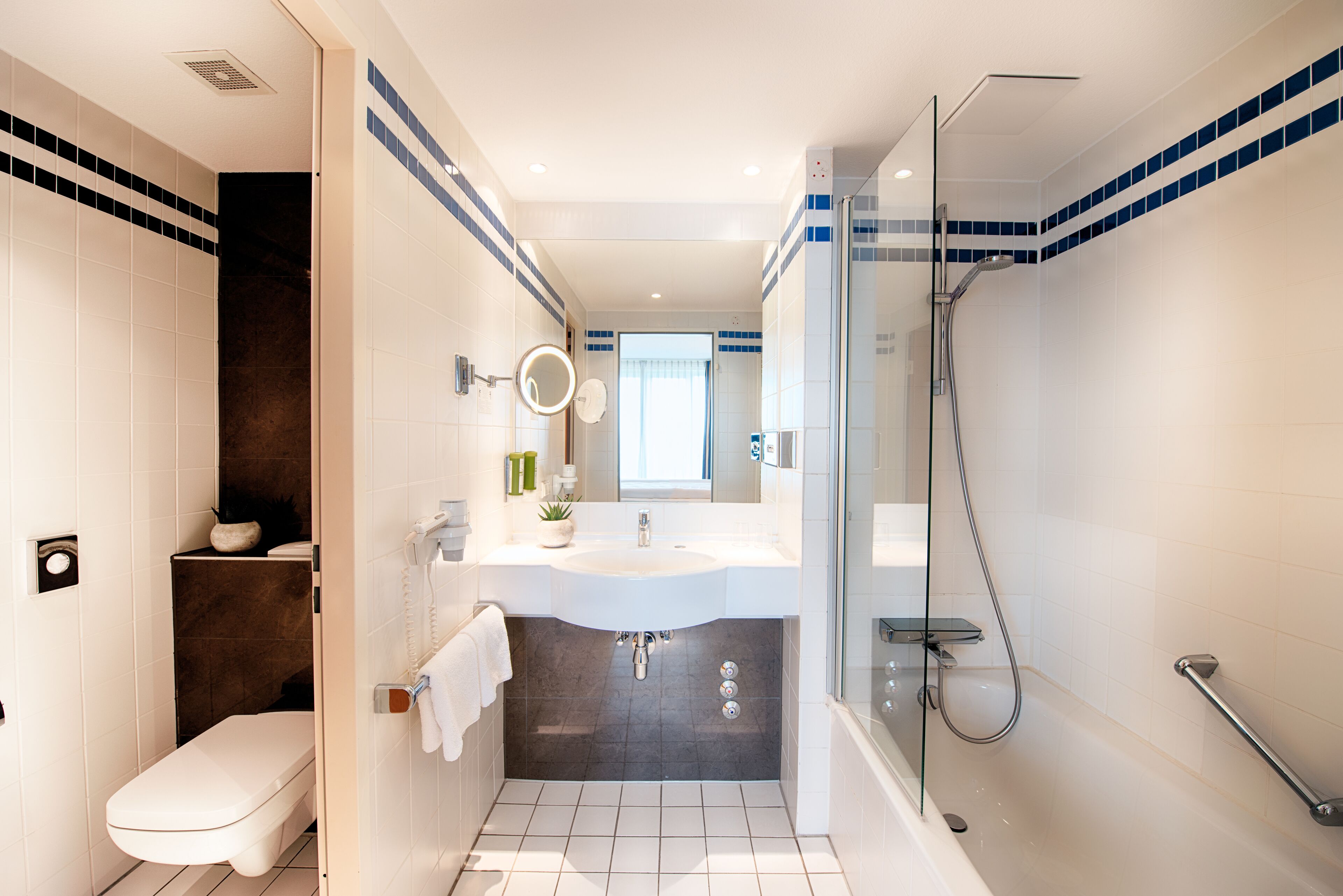 shower, free toiletries, hair dryer, towels