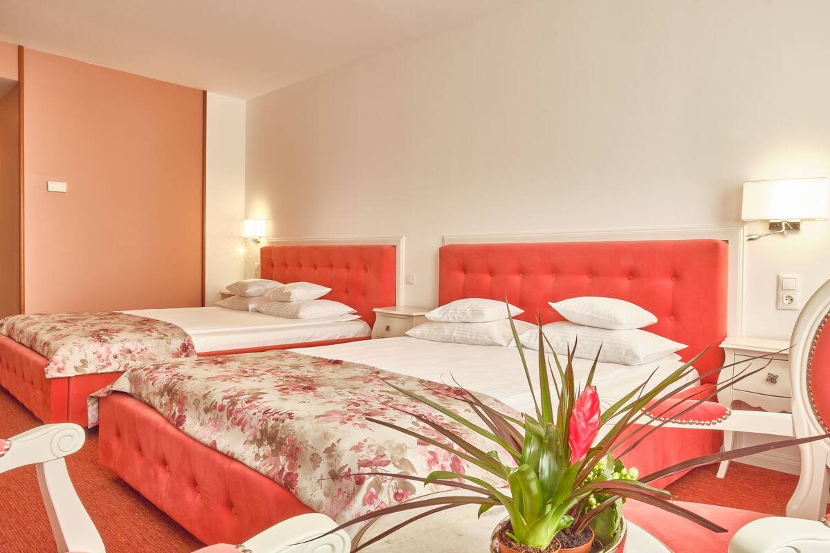 A hotel room with two beds, a sitting area, a potted plant, and a chair.