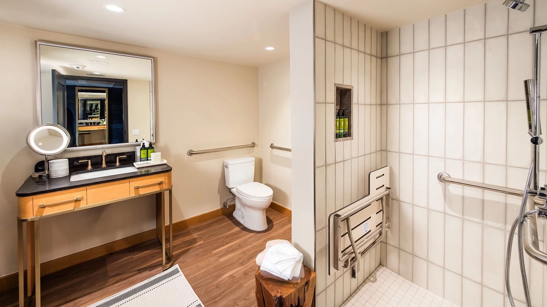 junior suite, accessible (cliffs) | bathroom | shower, designer toiletries, hair dryer, towels